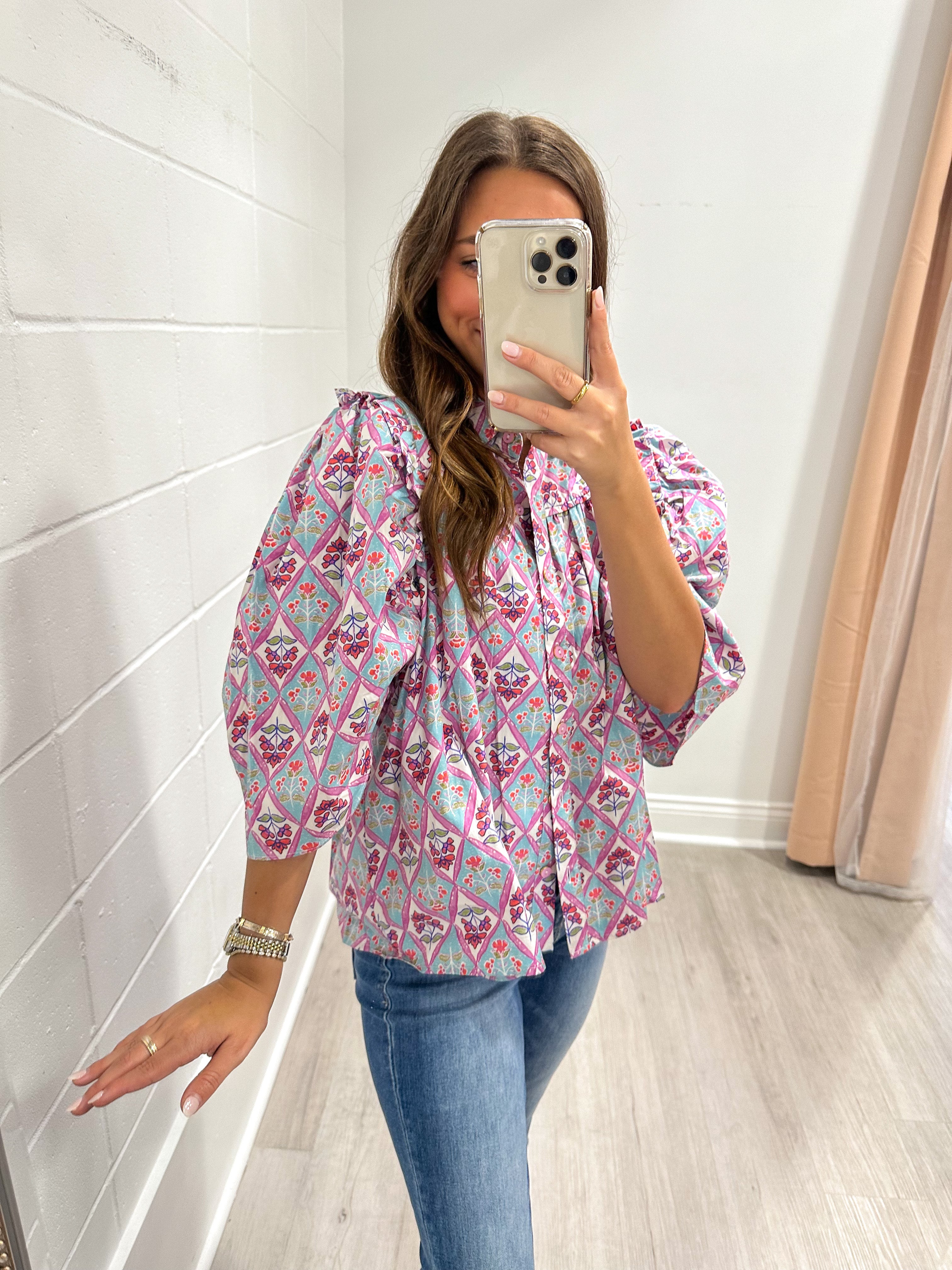 Paris Floral Puff Sleeve Top