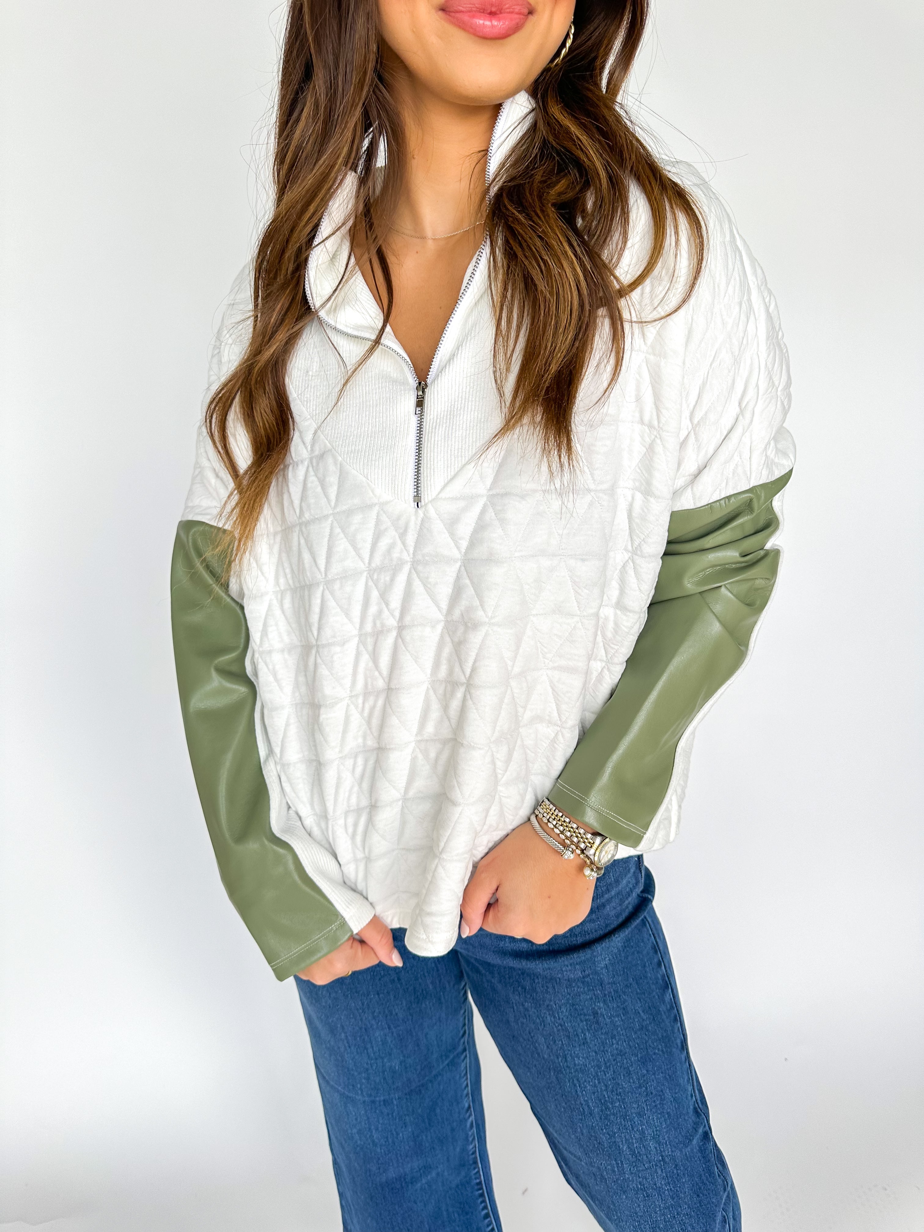 White Half Zip Texture Triangle Sweater