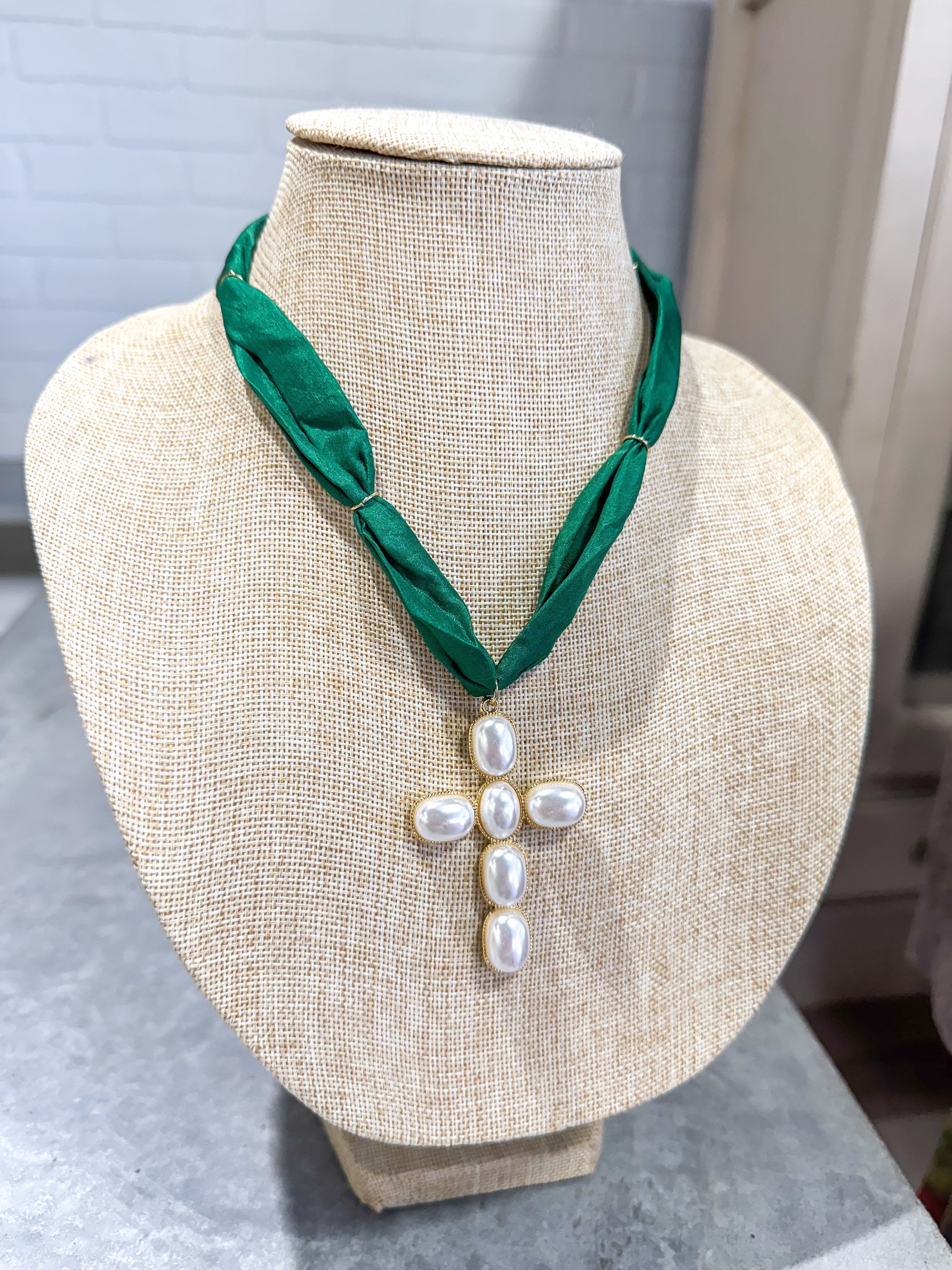Pearl Cross Hunter Green Scarf Necklacce