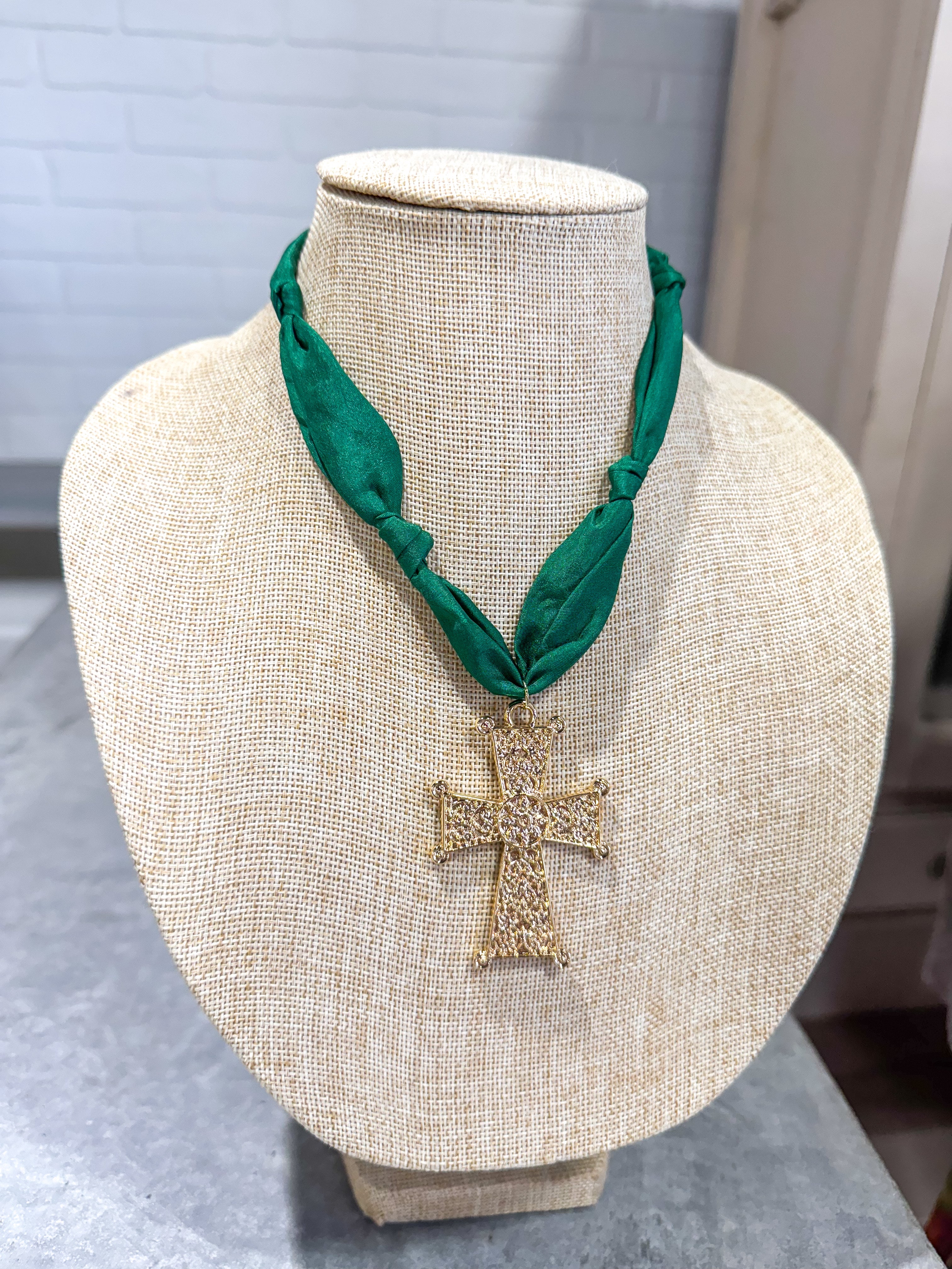 Cross Hunter Green Scarf Necklace