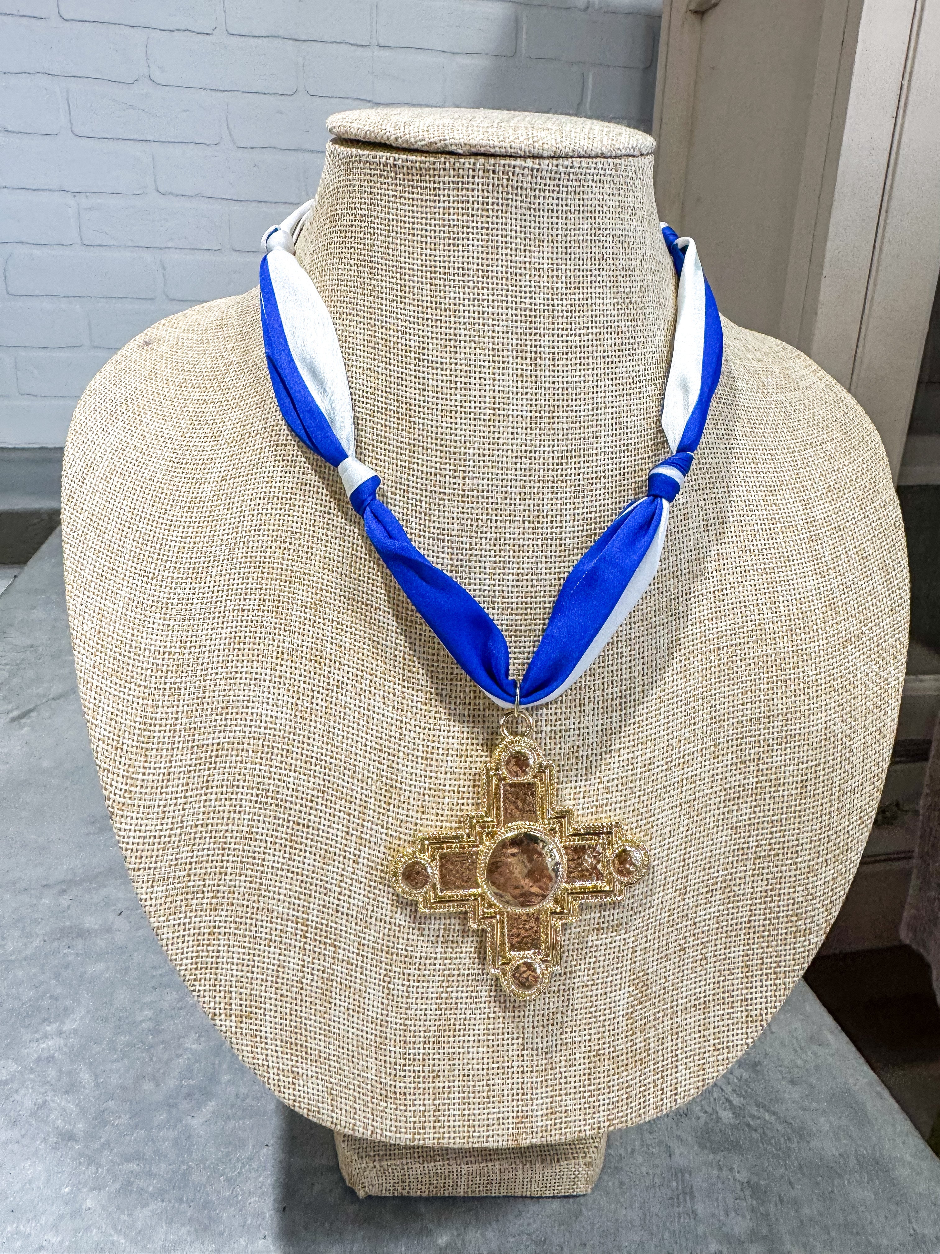 Cross Royal Blue Striped Scarf Necklace