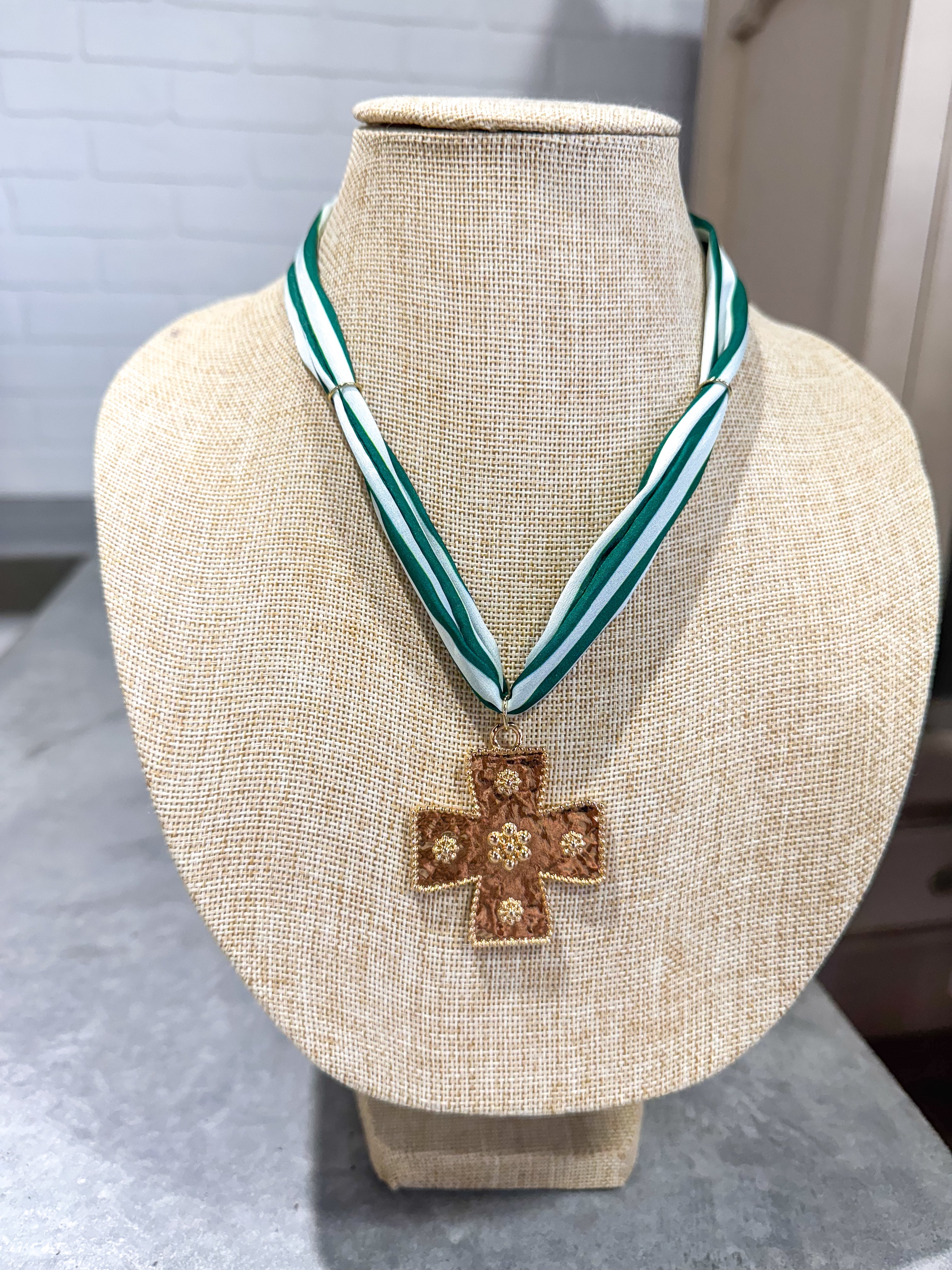 Green/Blue Striped Cross Scarf Necklace