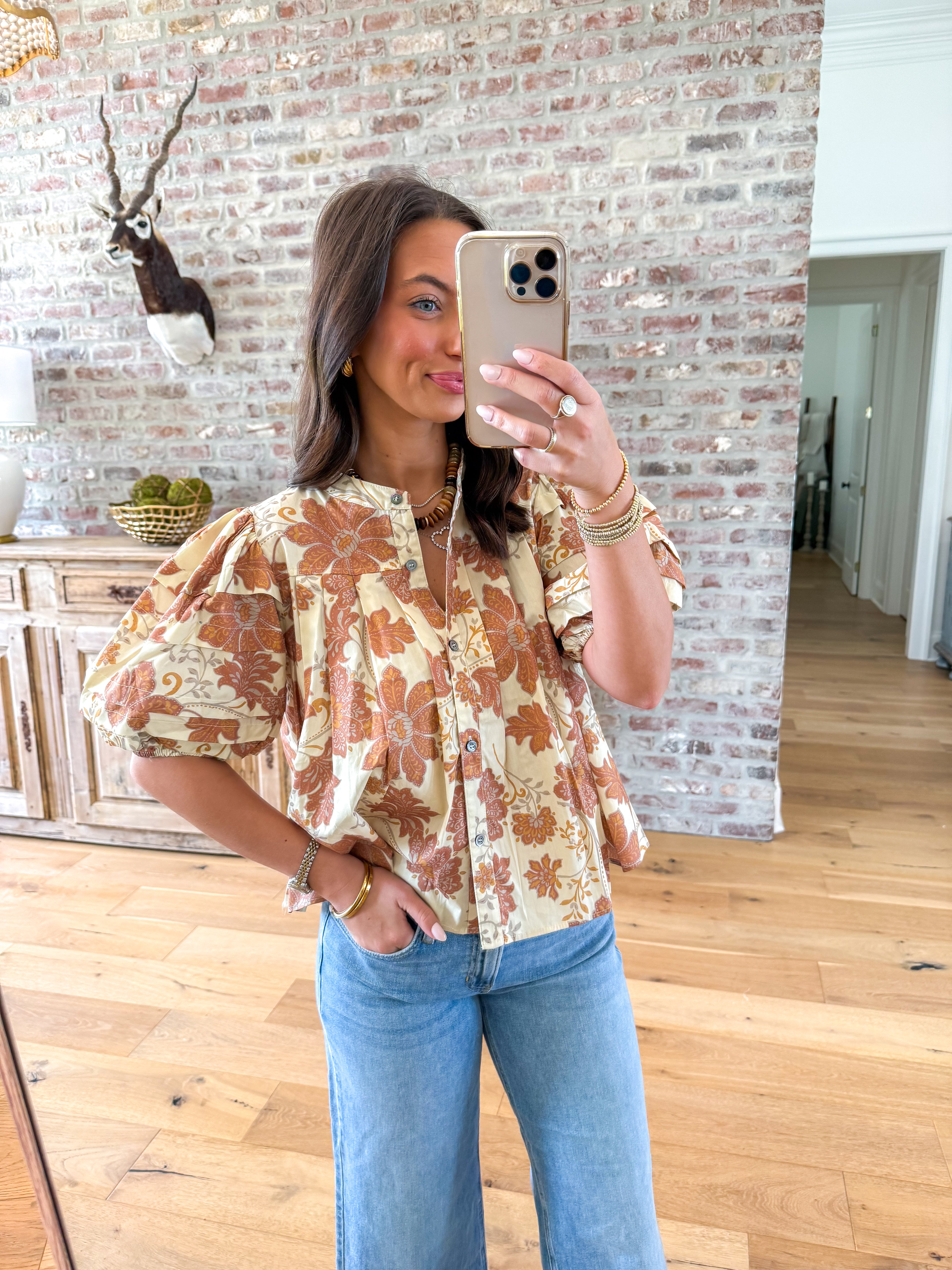 Rust Blooms Puff Sleeve Blouse