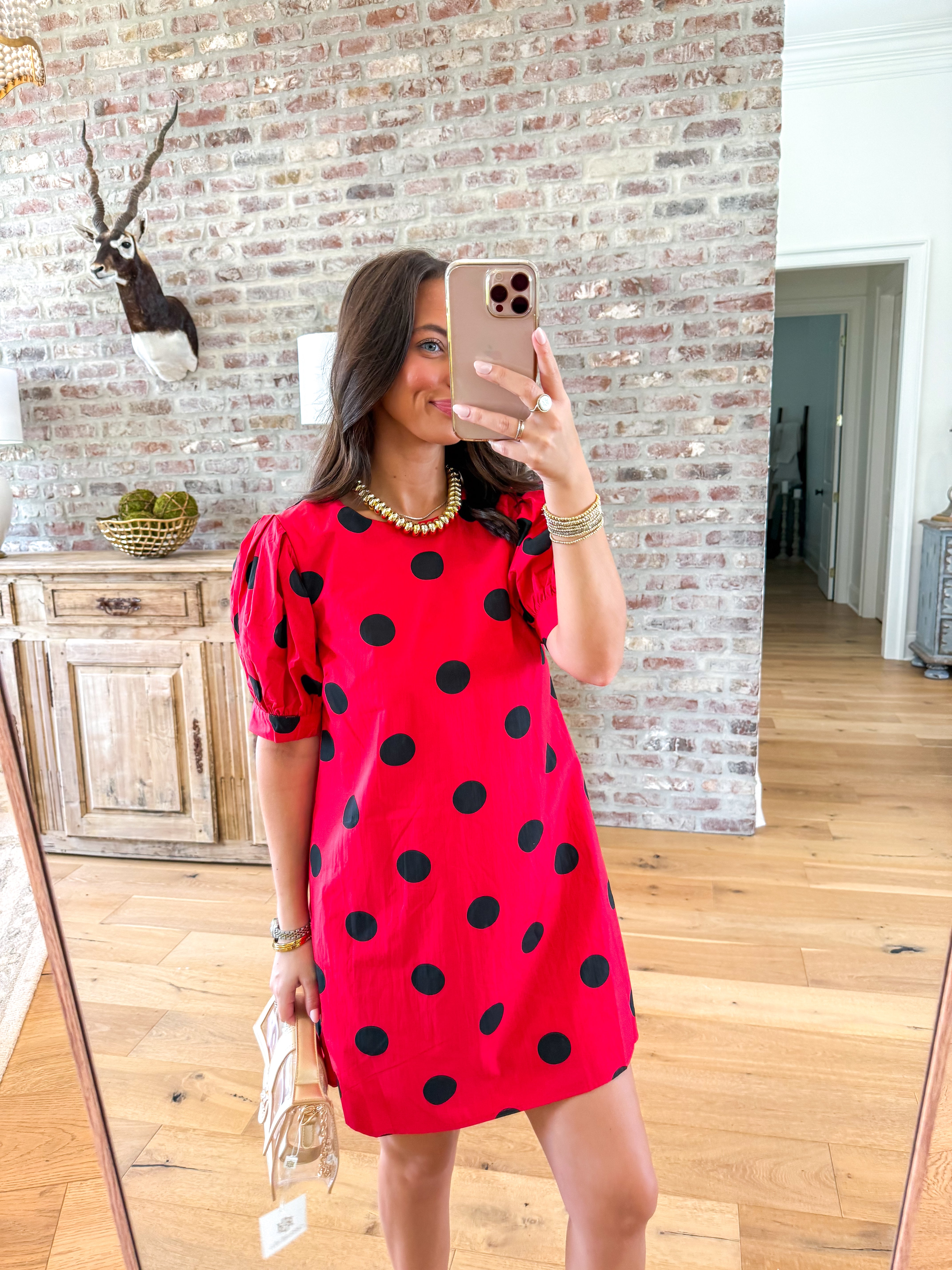 Red/Black Puff Short Sleeve Polka Dot Printed Mini