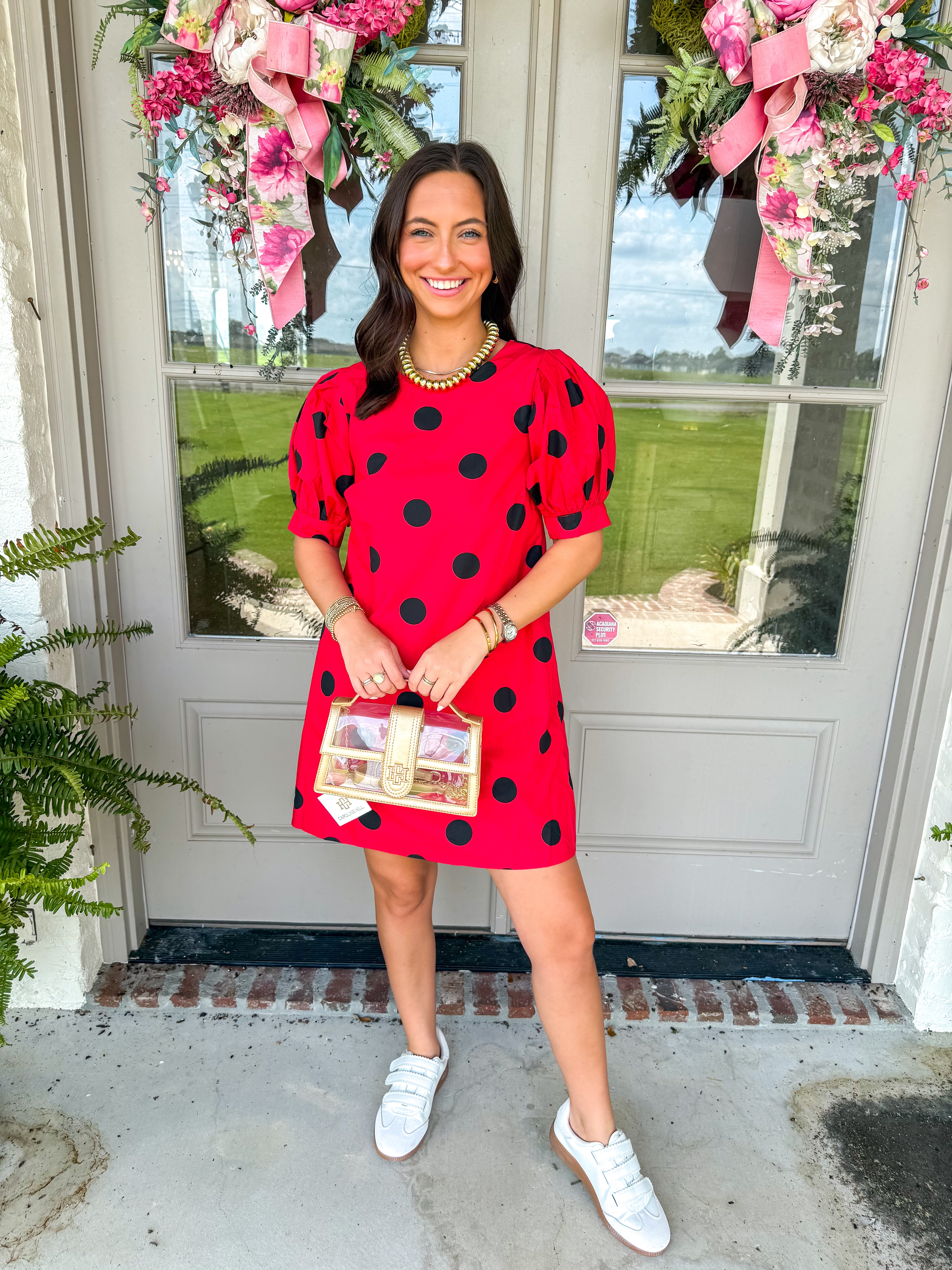 Red/Black Puff Short Sleeve Polka Dot Printed Mini