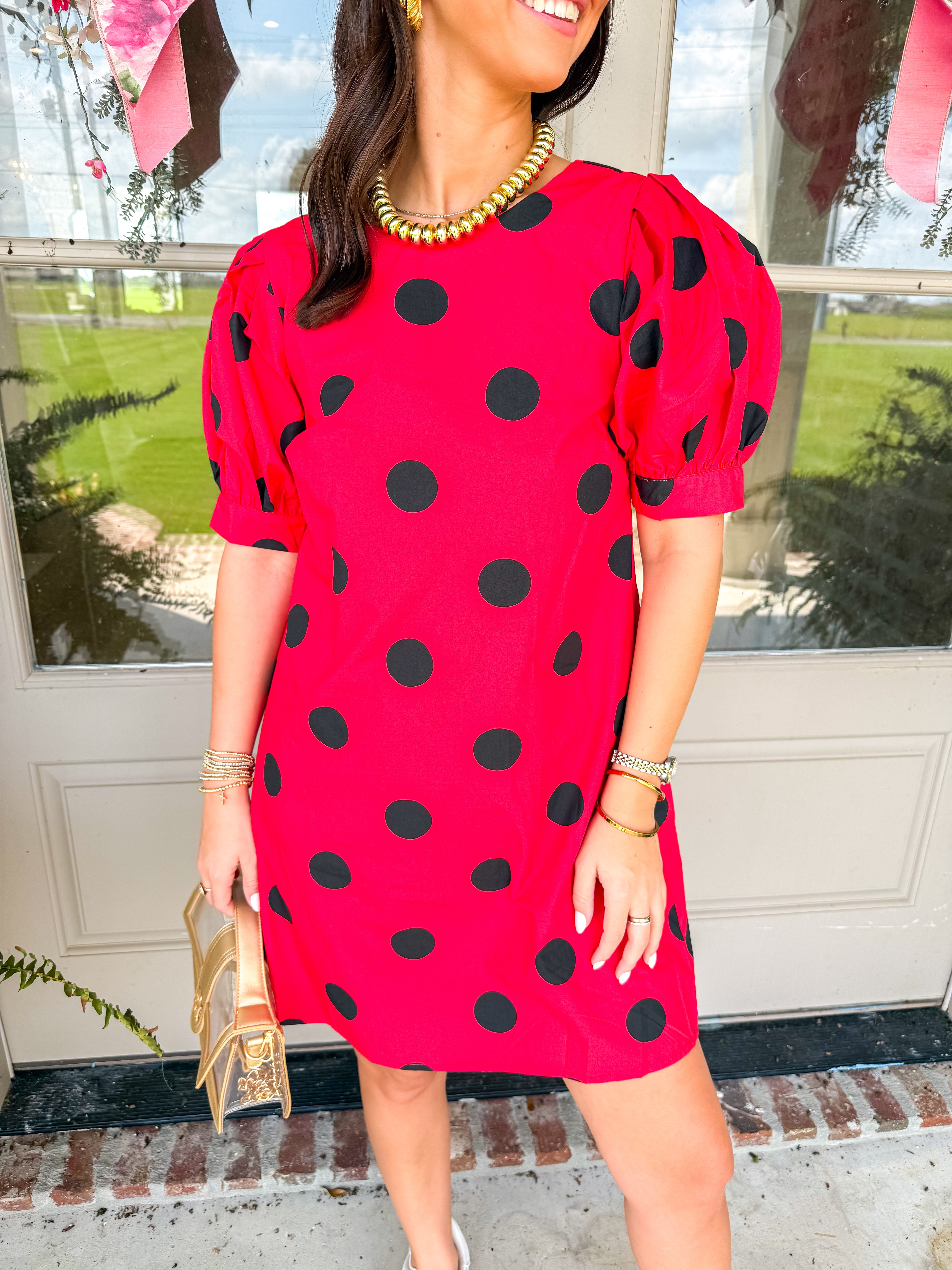 Red/Black Puff Short Sleeve Polka Dot Printed Mini