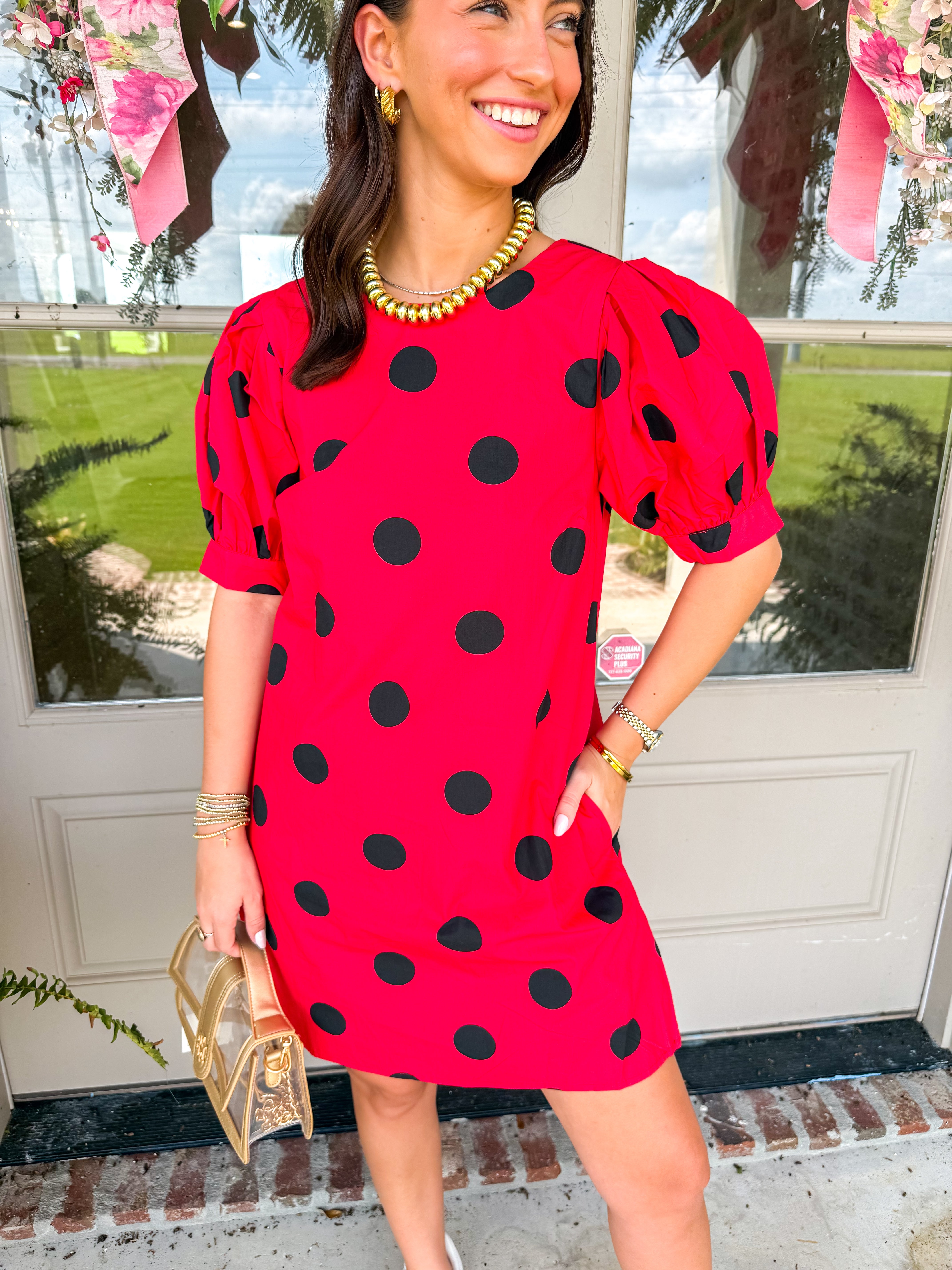 Red/Black Puff Short Sleeve Polka Dot Printed Mini