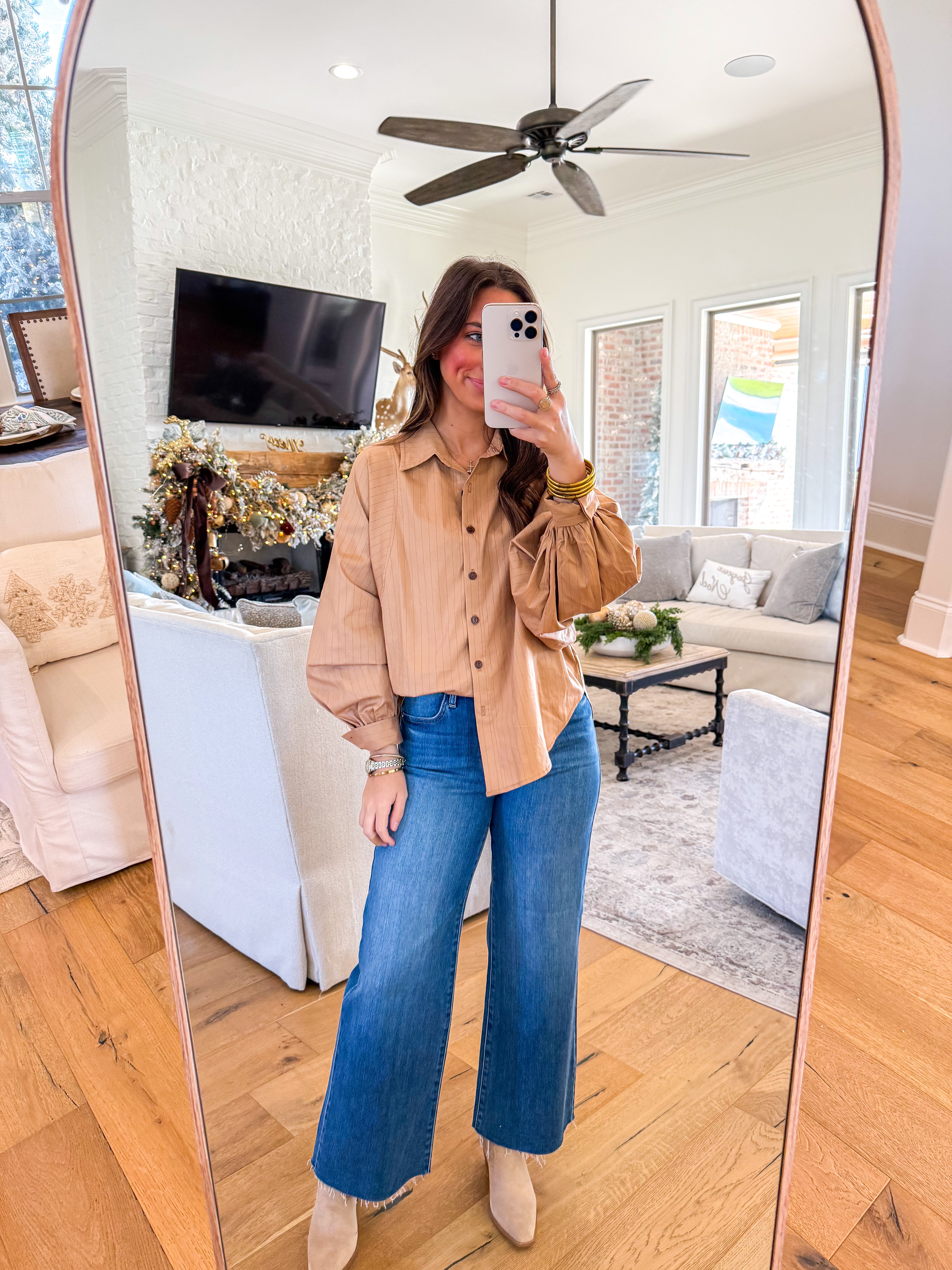 Brooks Camel Pinstripe Blouse