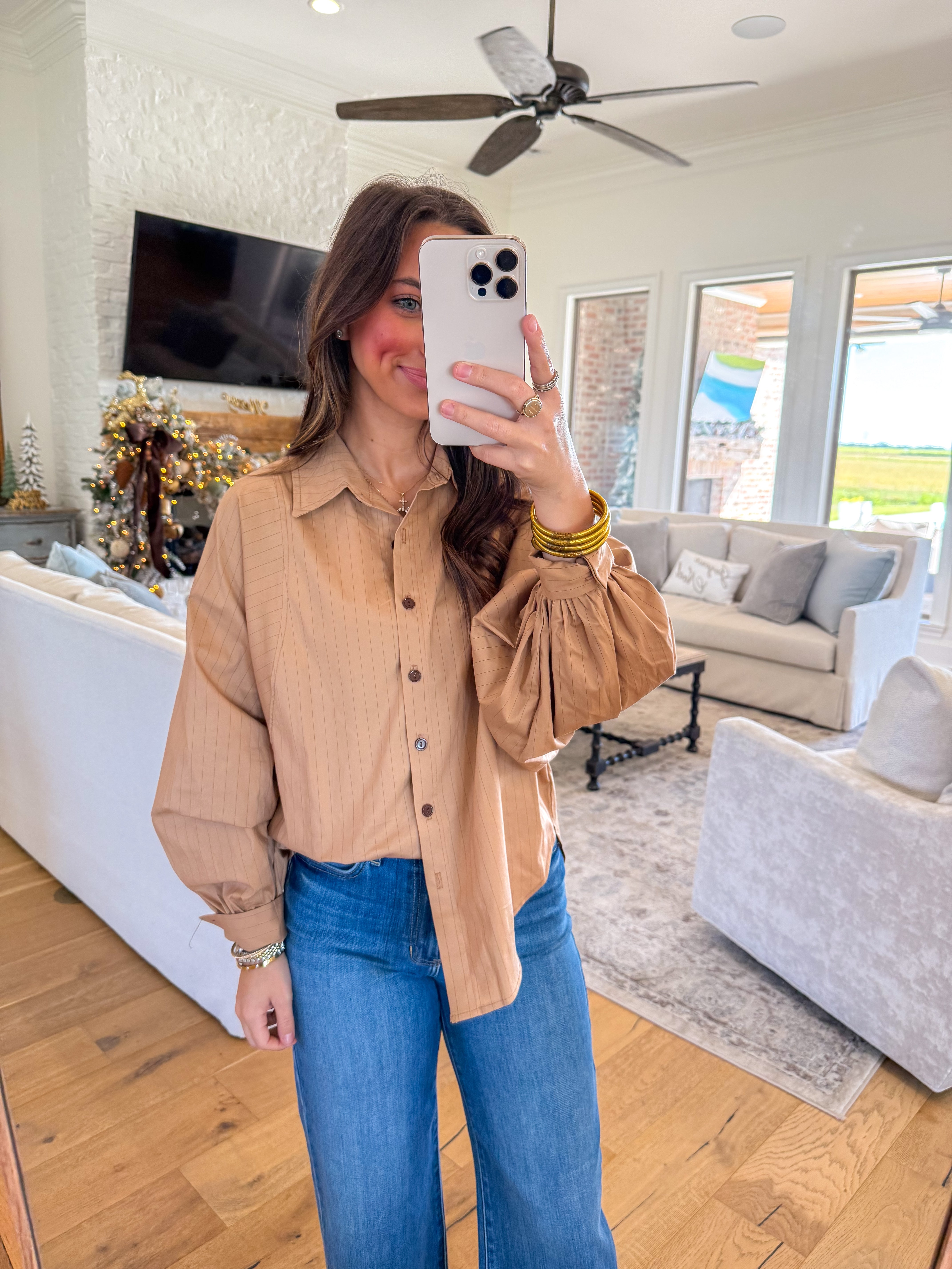 Brooks Camel Pinstripe Blouse