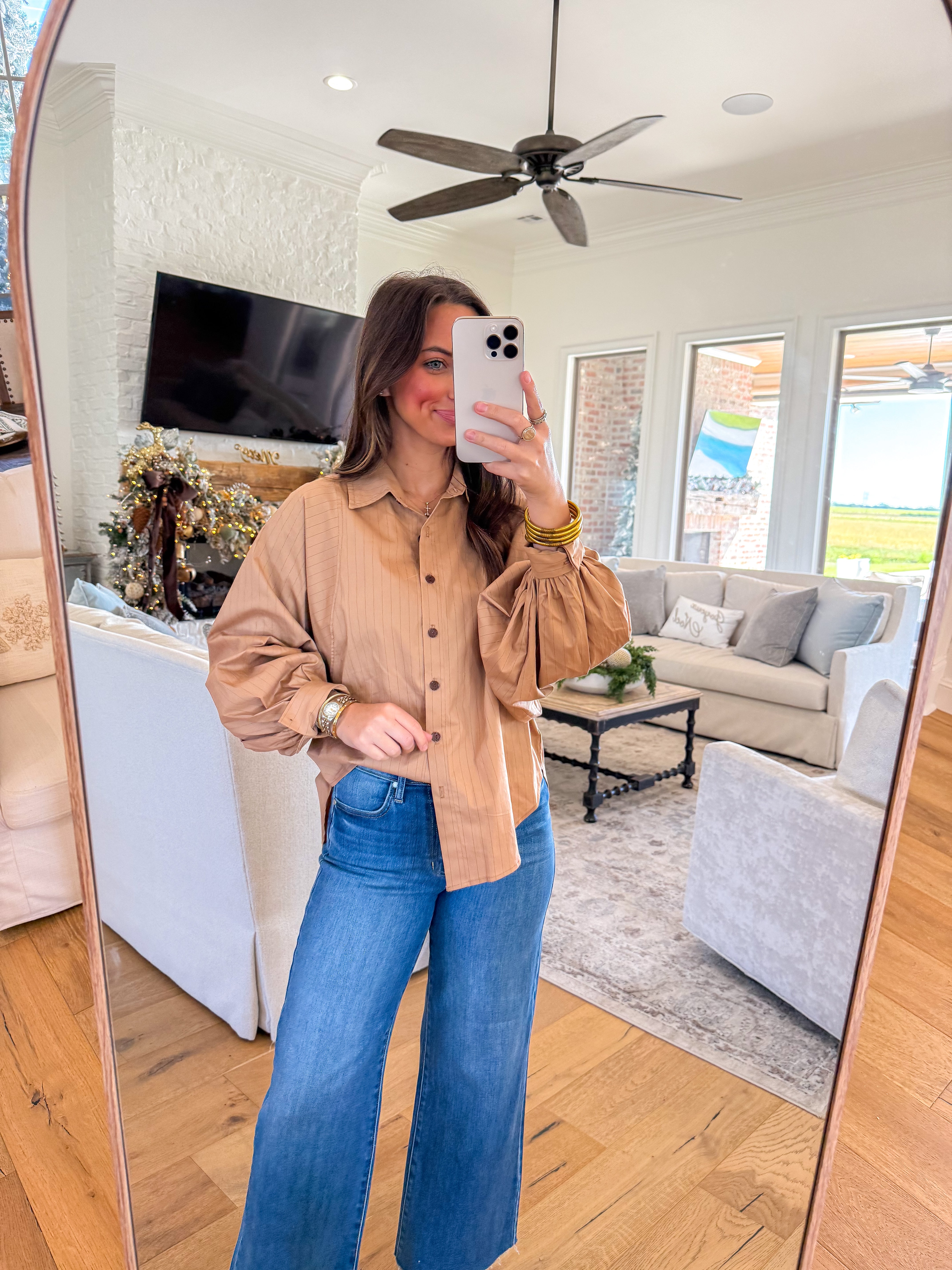 Brooks Camel Pinstripe Blouse