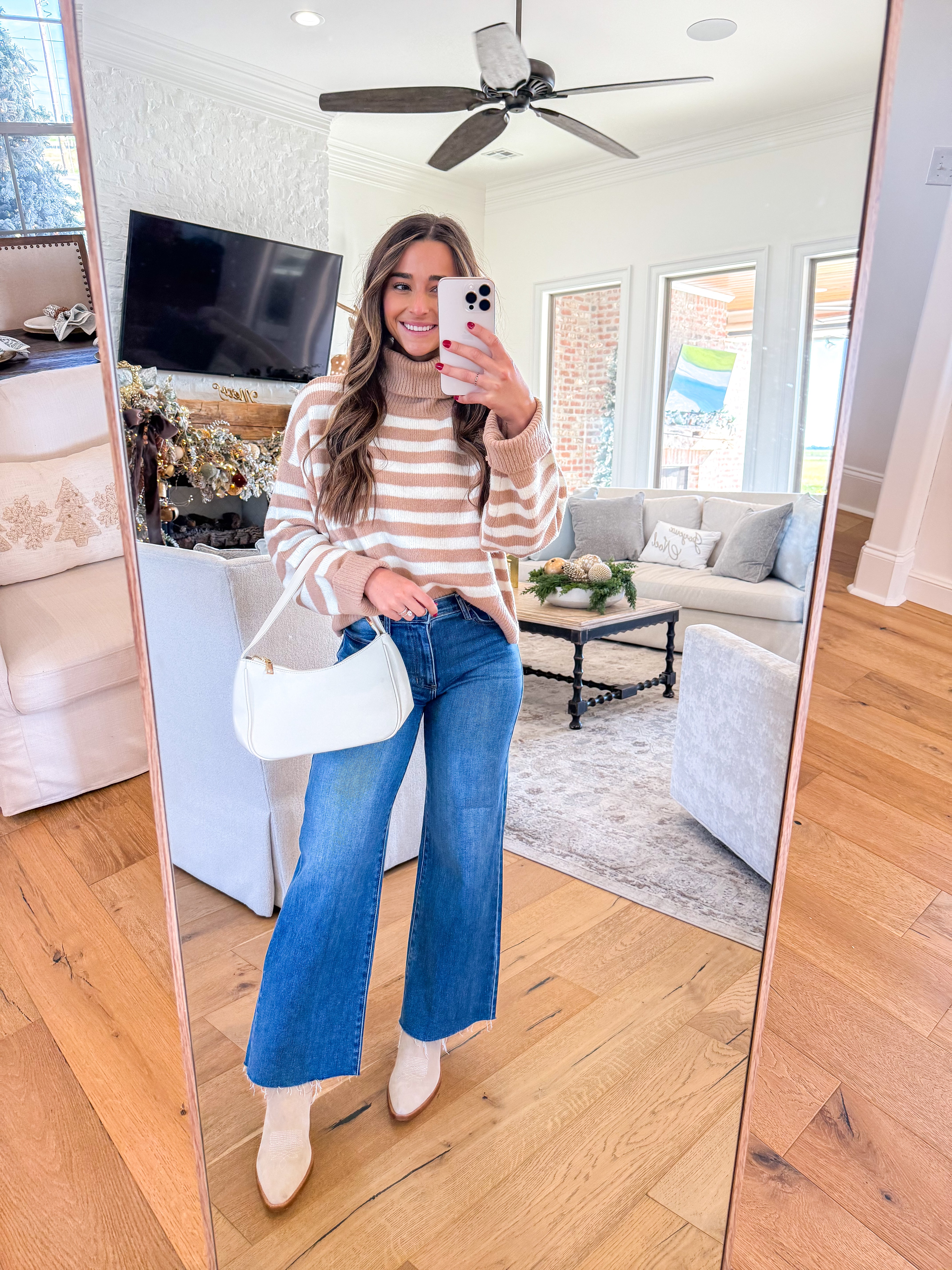 Cozy Taupe Stripe Turtleneck Sweater