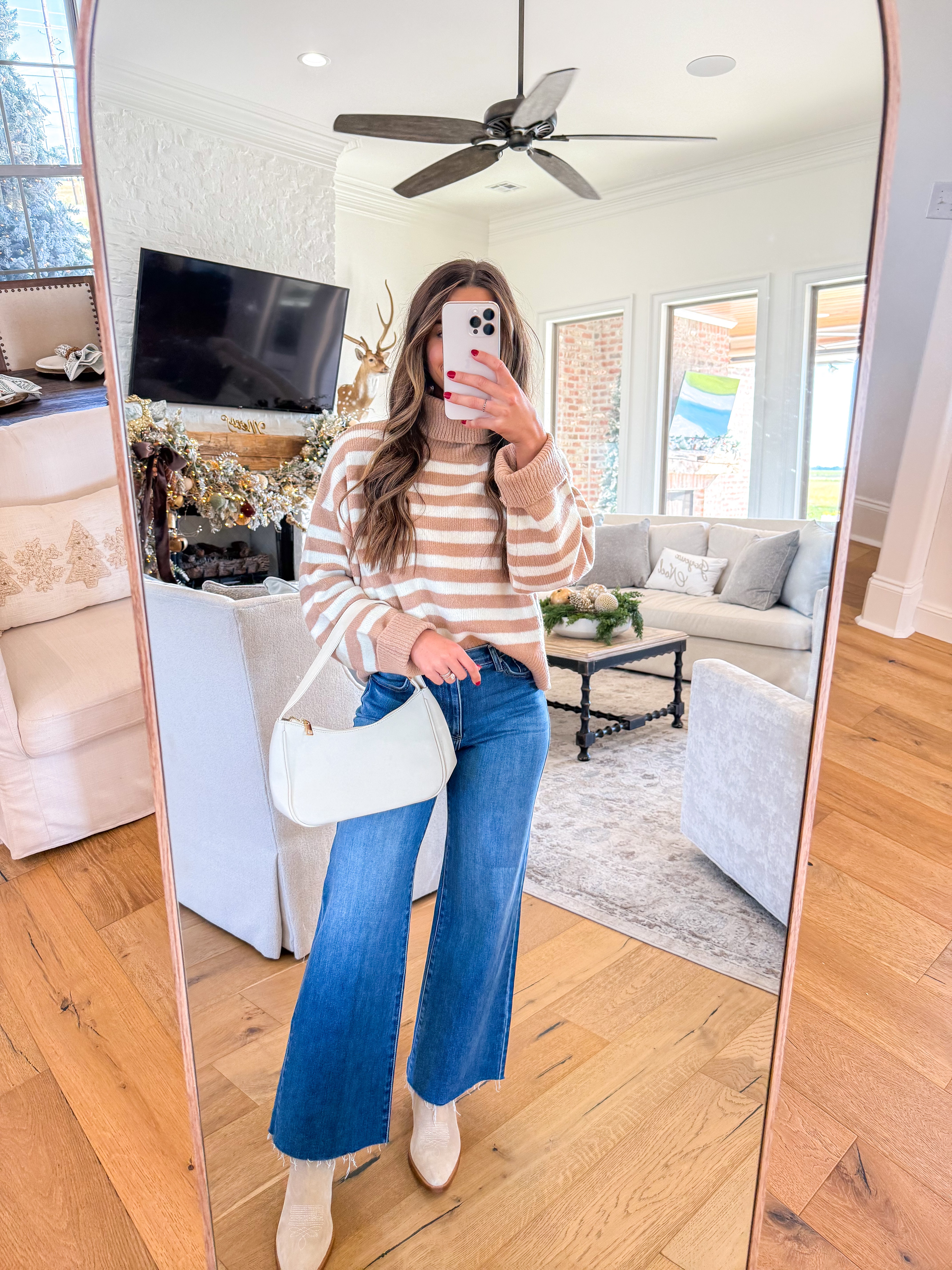 Cozy Taupe Stripe Turtleneck Sweater