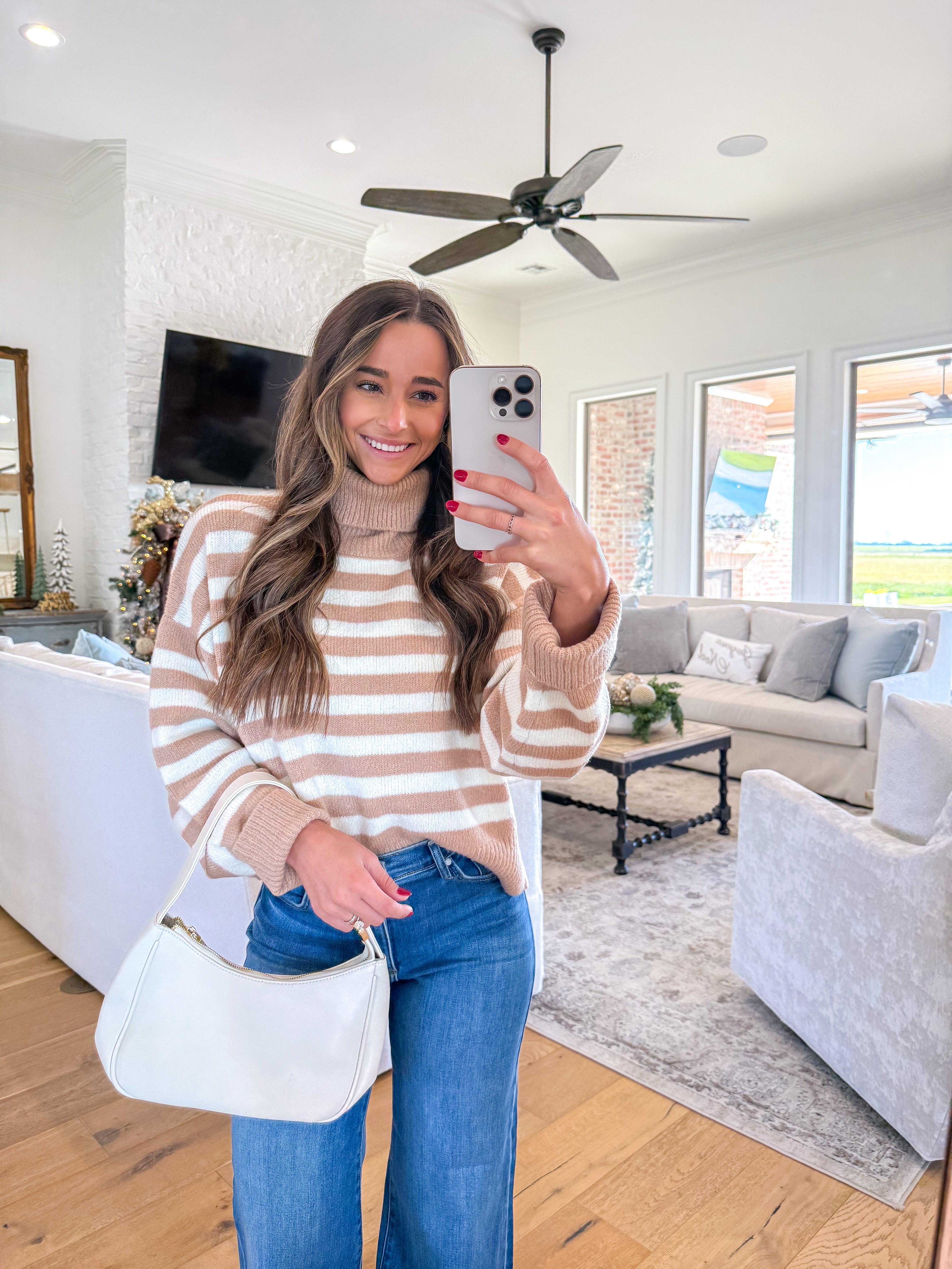 Cozy Taupe Stripe Turtleneck Sweater