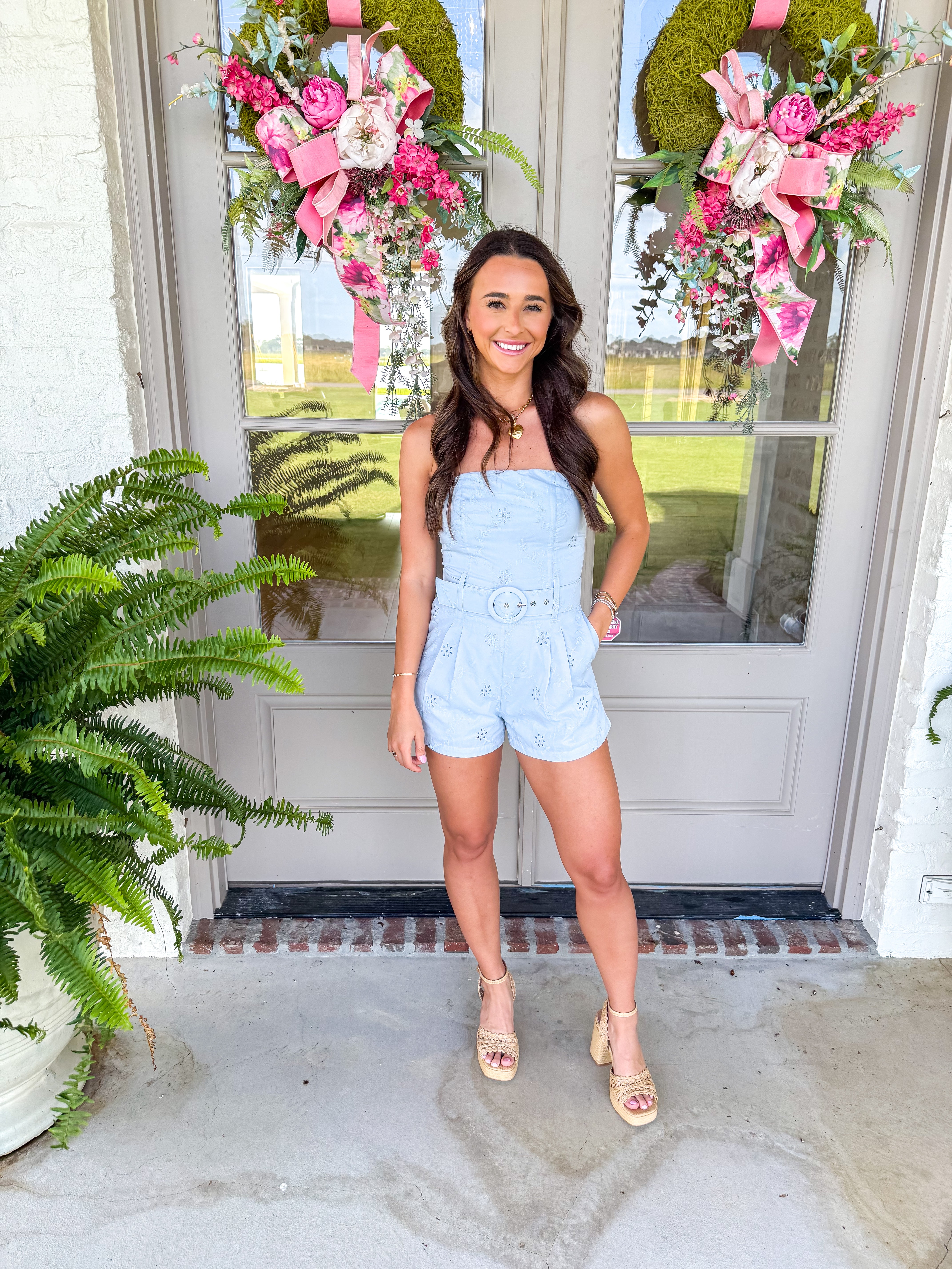 Kaya Sky Strapless Belted Romper