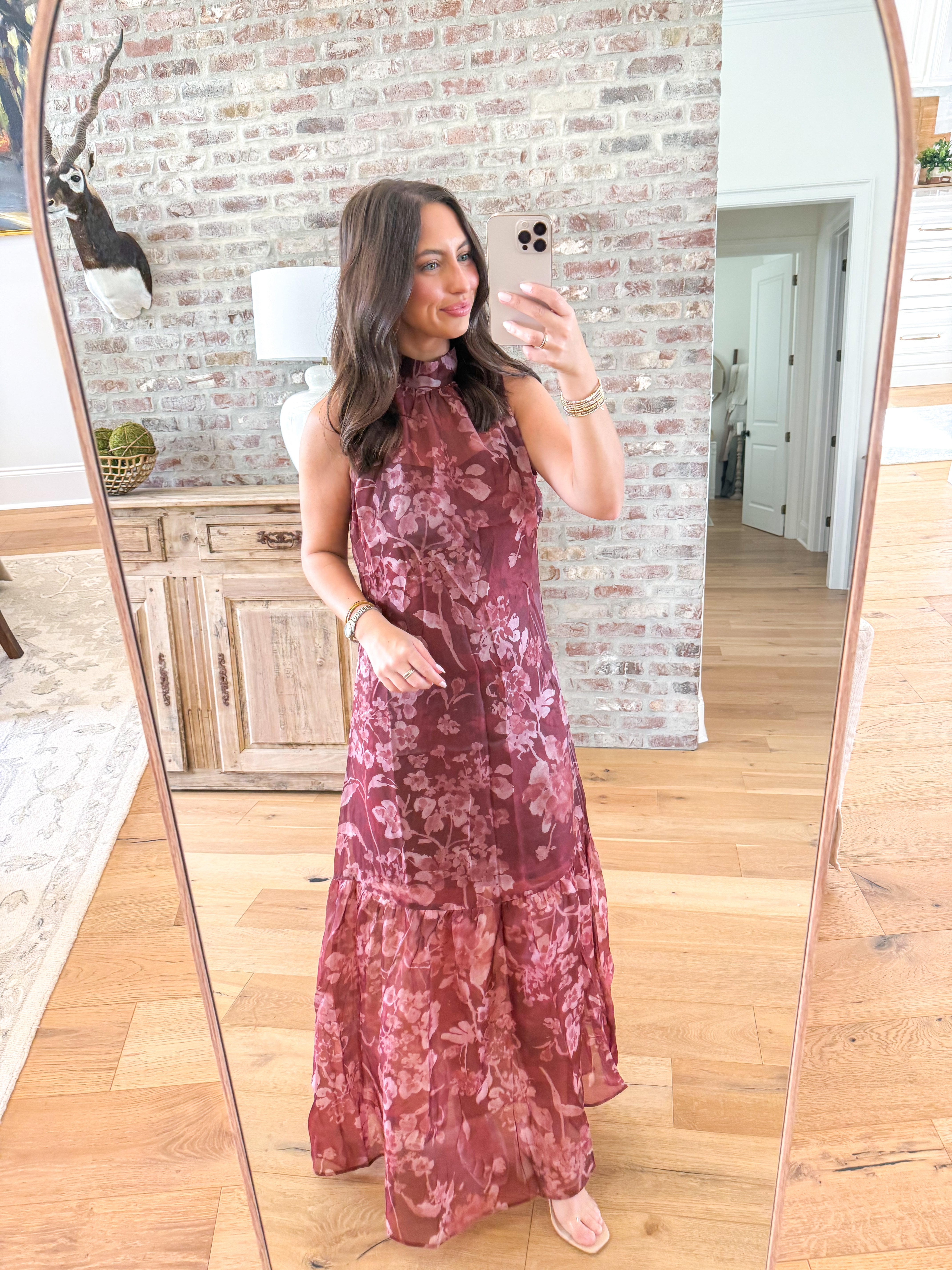 Wine & Watercolor Organza Maxi Dress