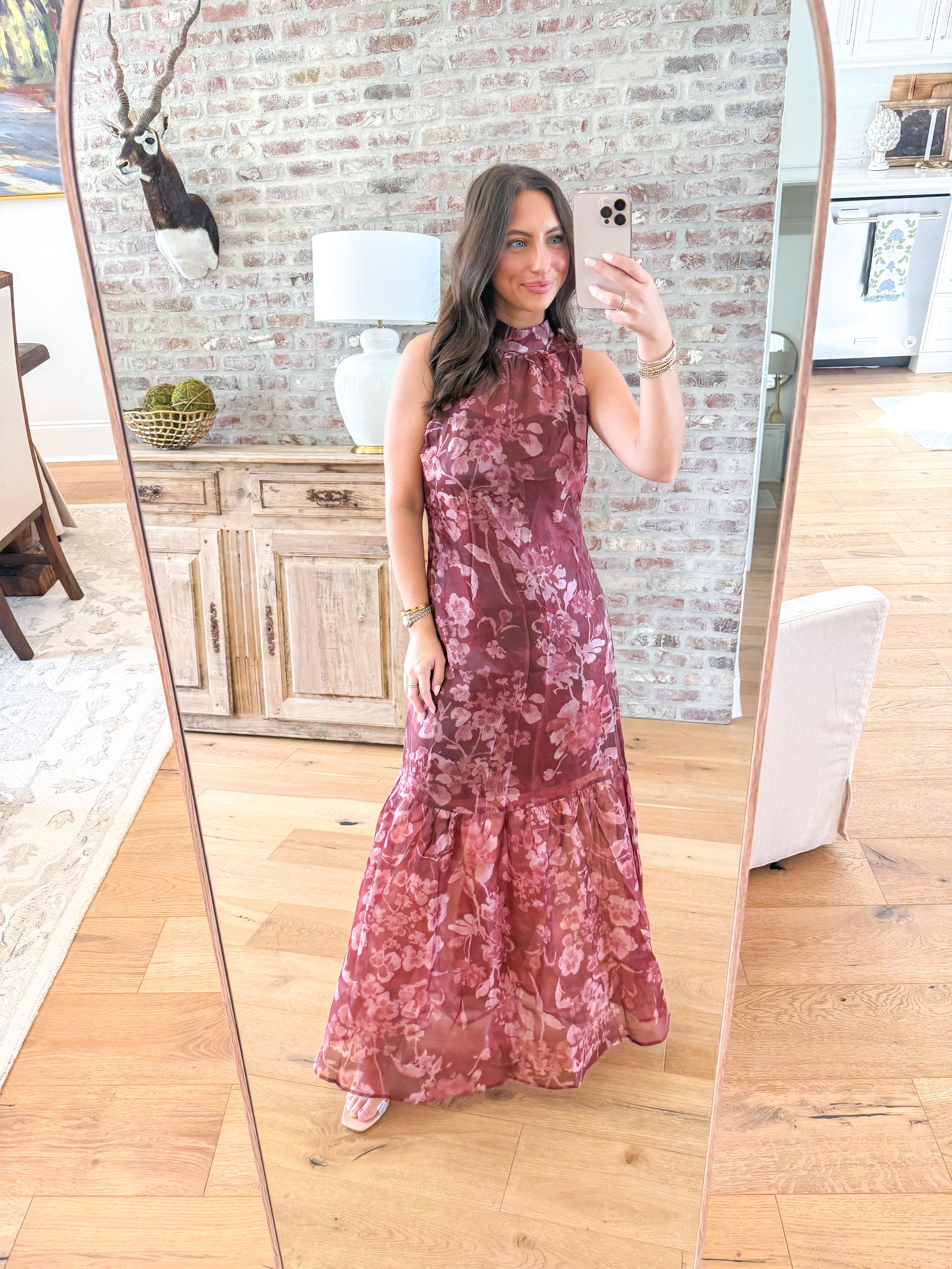 Wine & Watercolor Organza Maxi Dress