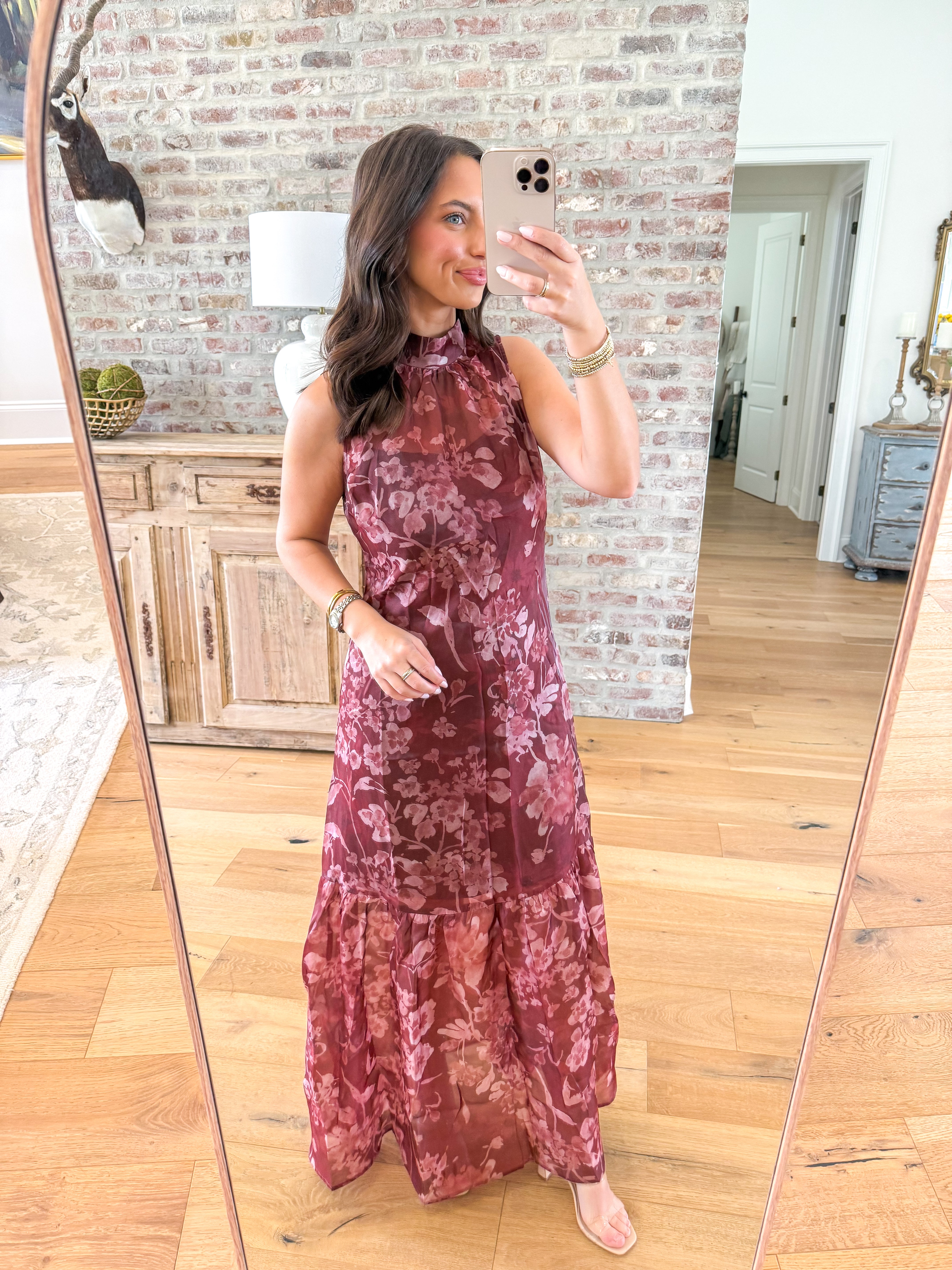 Wine & Watercolor Organza Maxi Dress