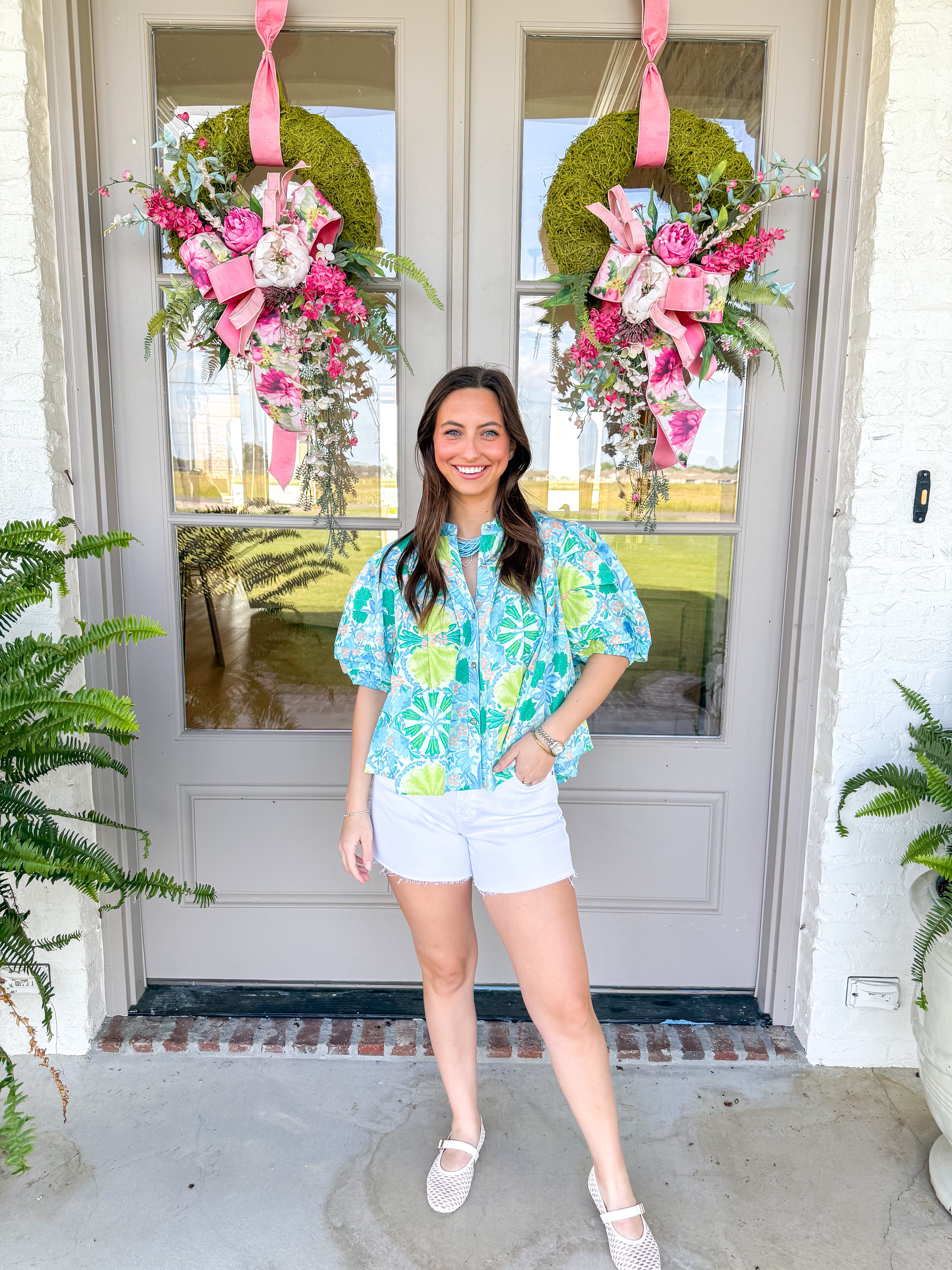 Erica Puff sleeve Lime Multi Blouse
