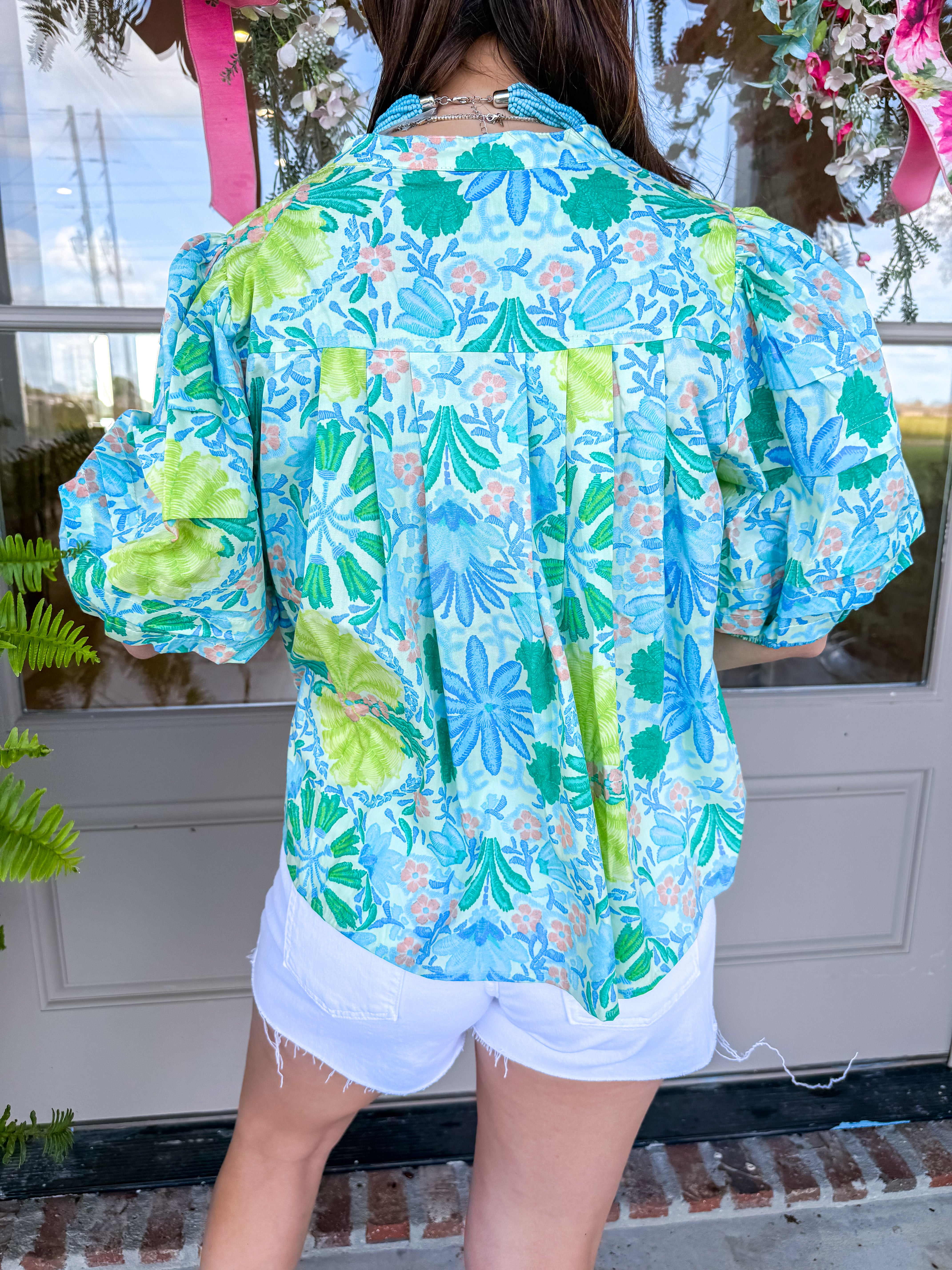 Erica Puff sleeve Lime Multi Blouse