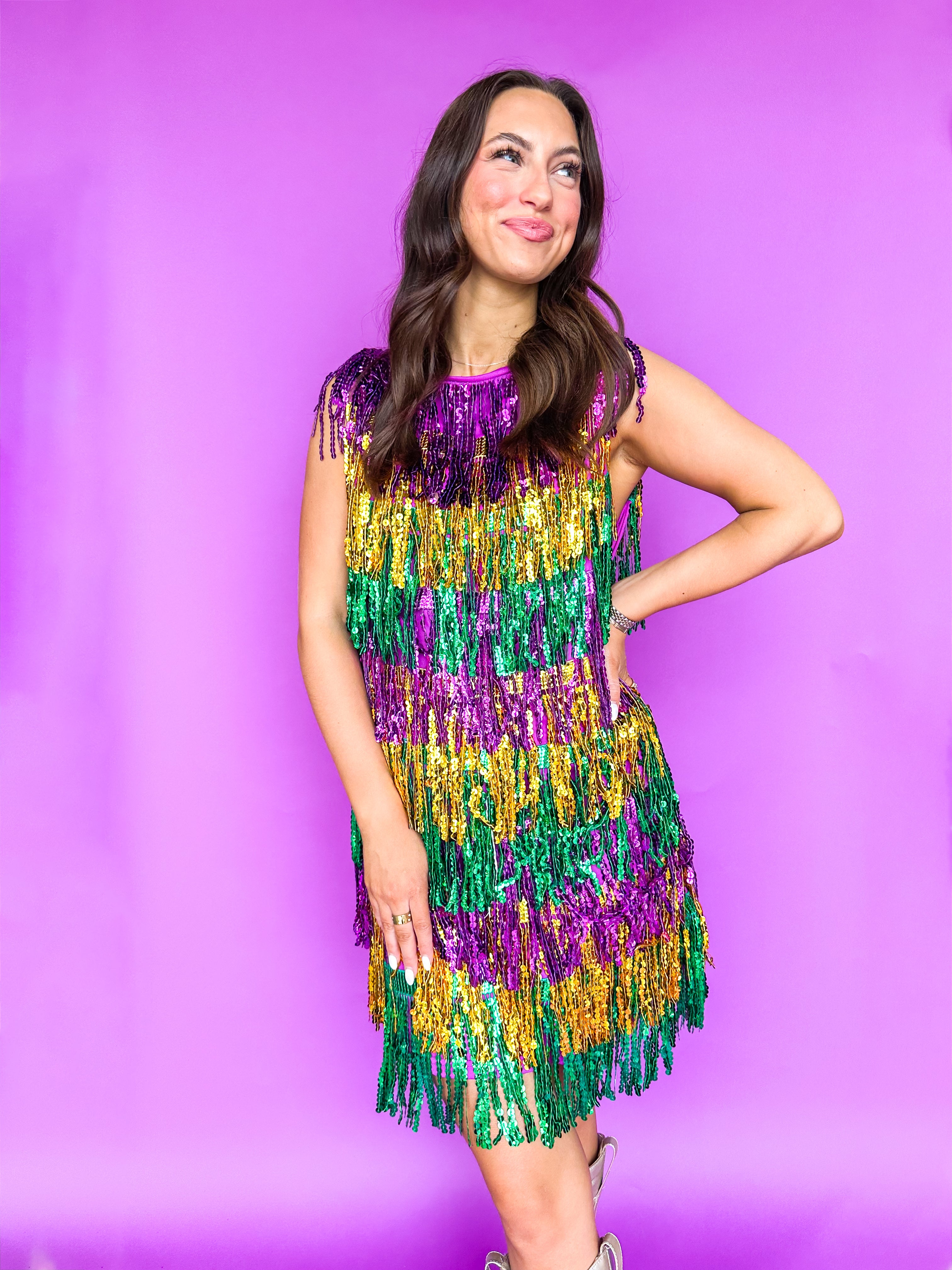 Mardi Gras Spangled Fringe Dress