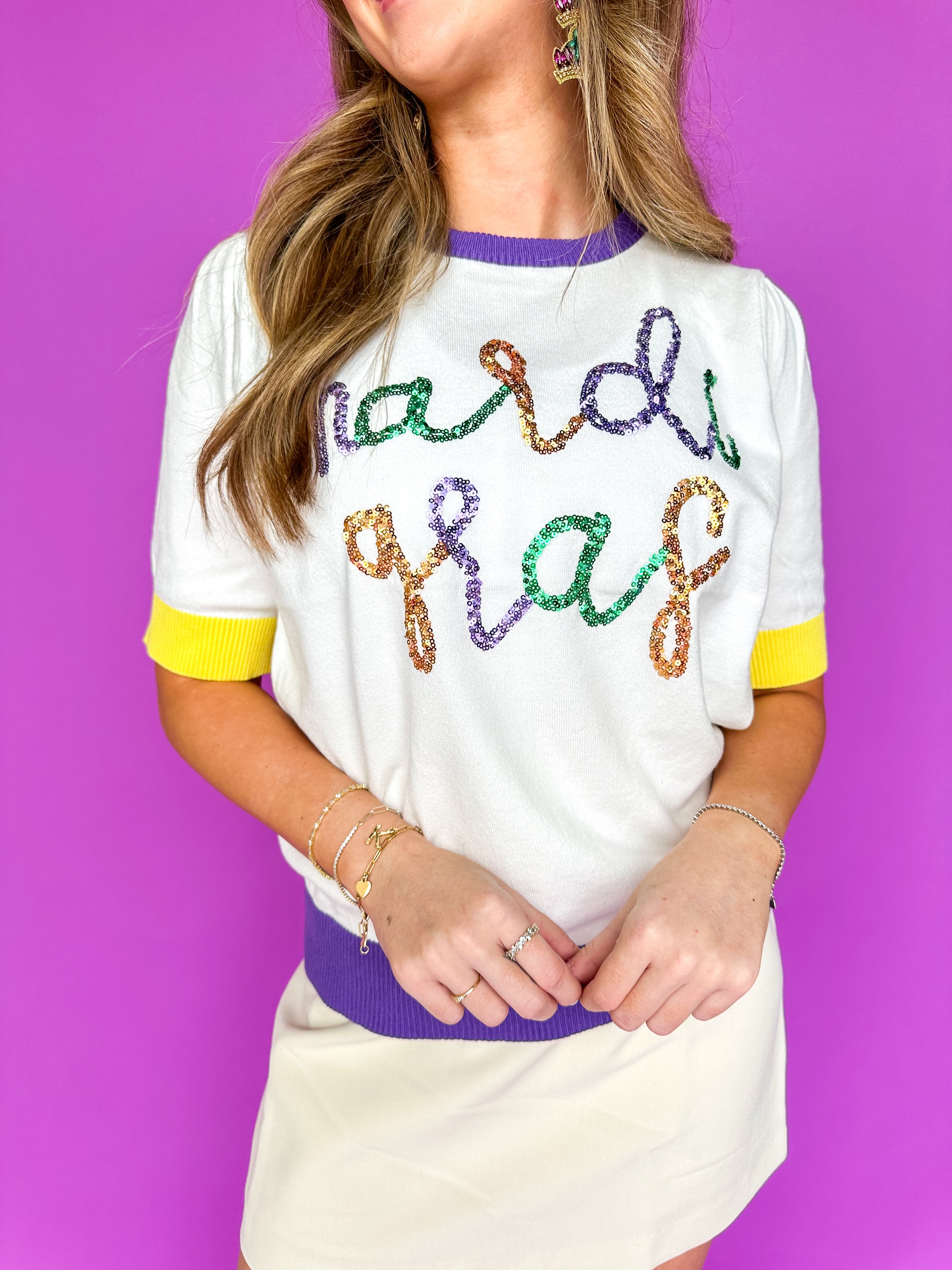 Sequin Mardi Gras White Multi Short Sleeve