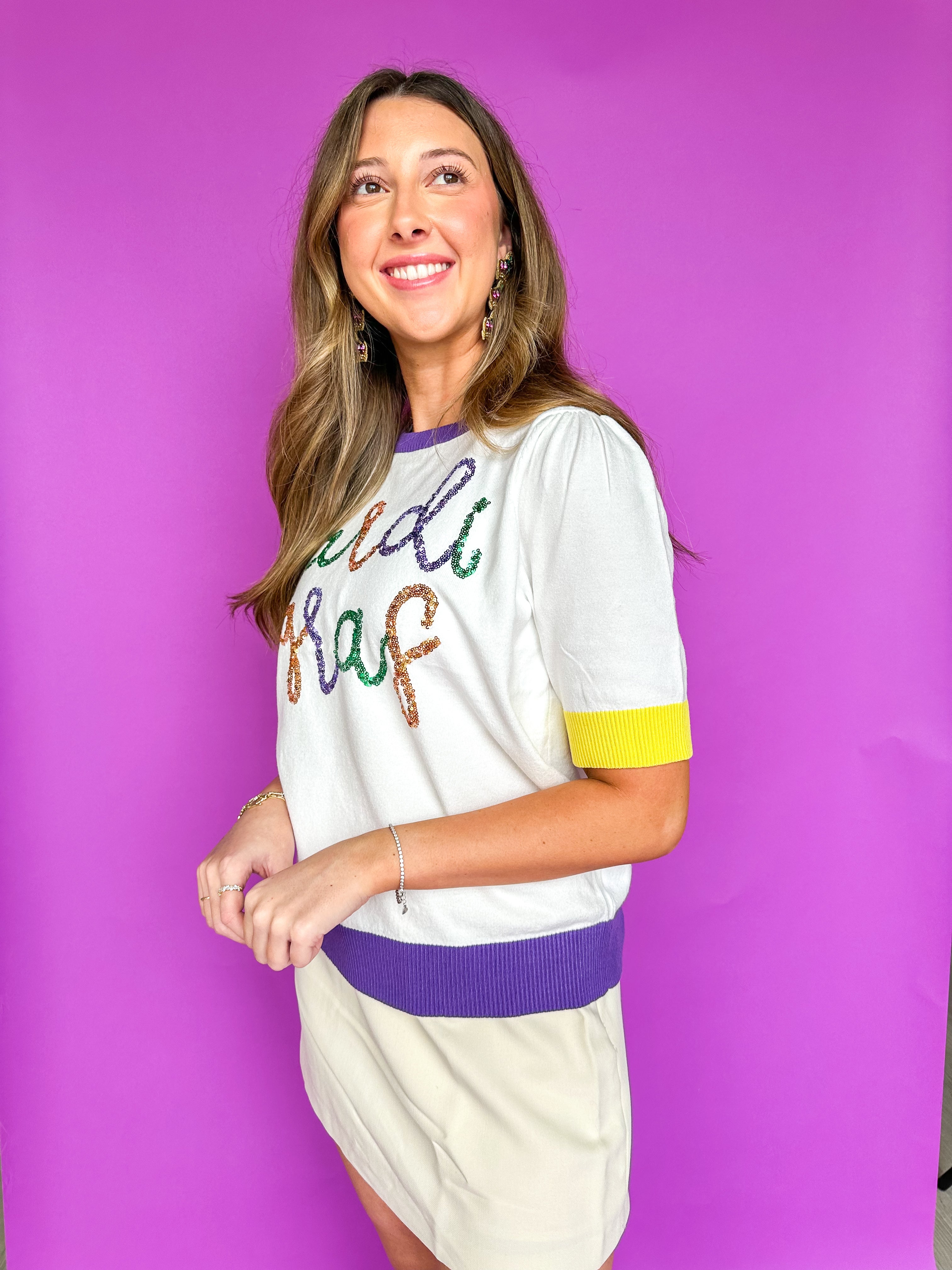 Sequin Mardi Gras White Multi Short Sleeve