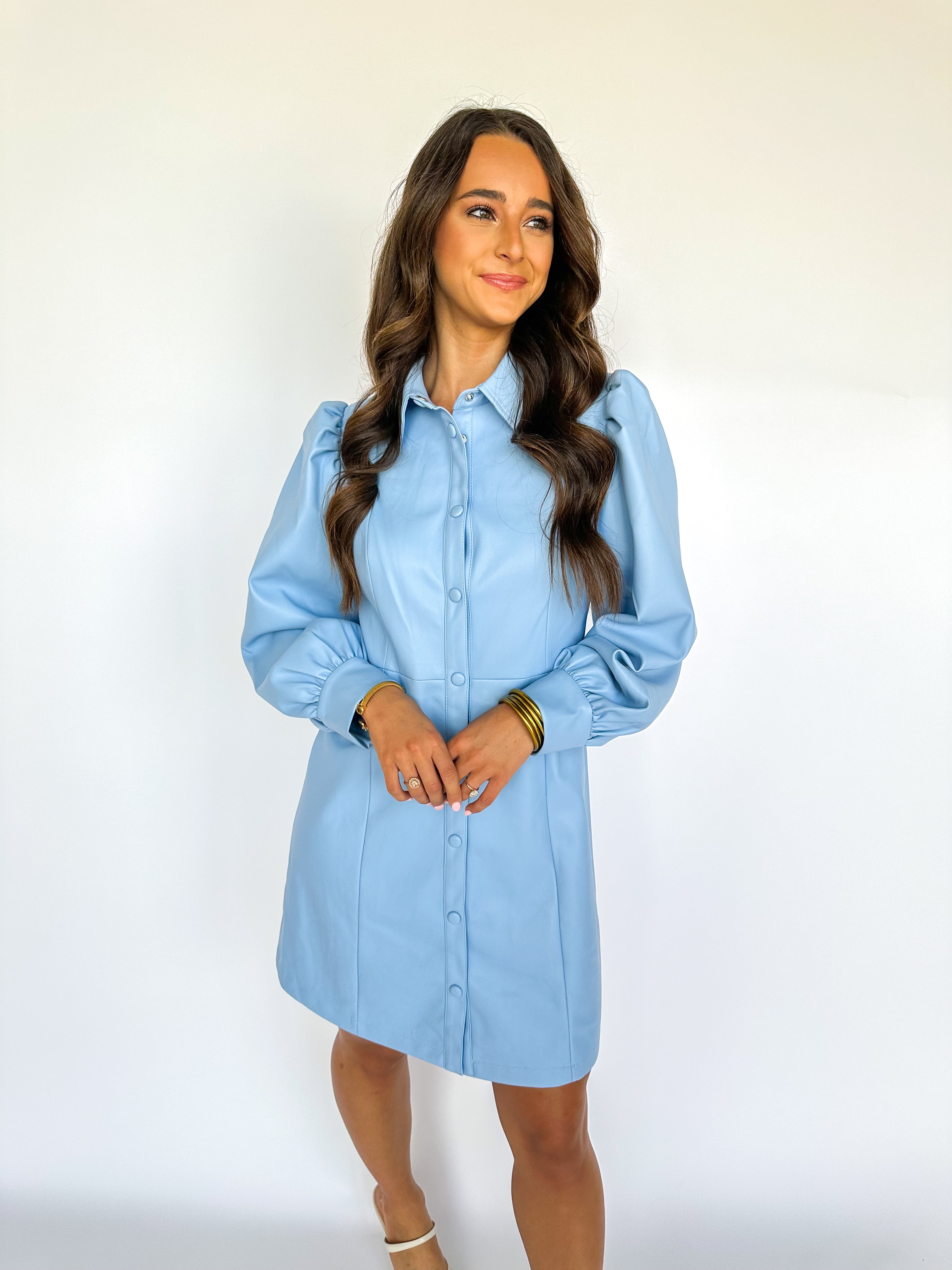 Vegan Leather Shoulder Tailored Dress Baby Blue