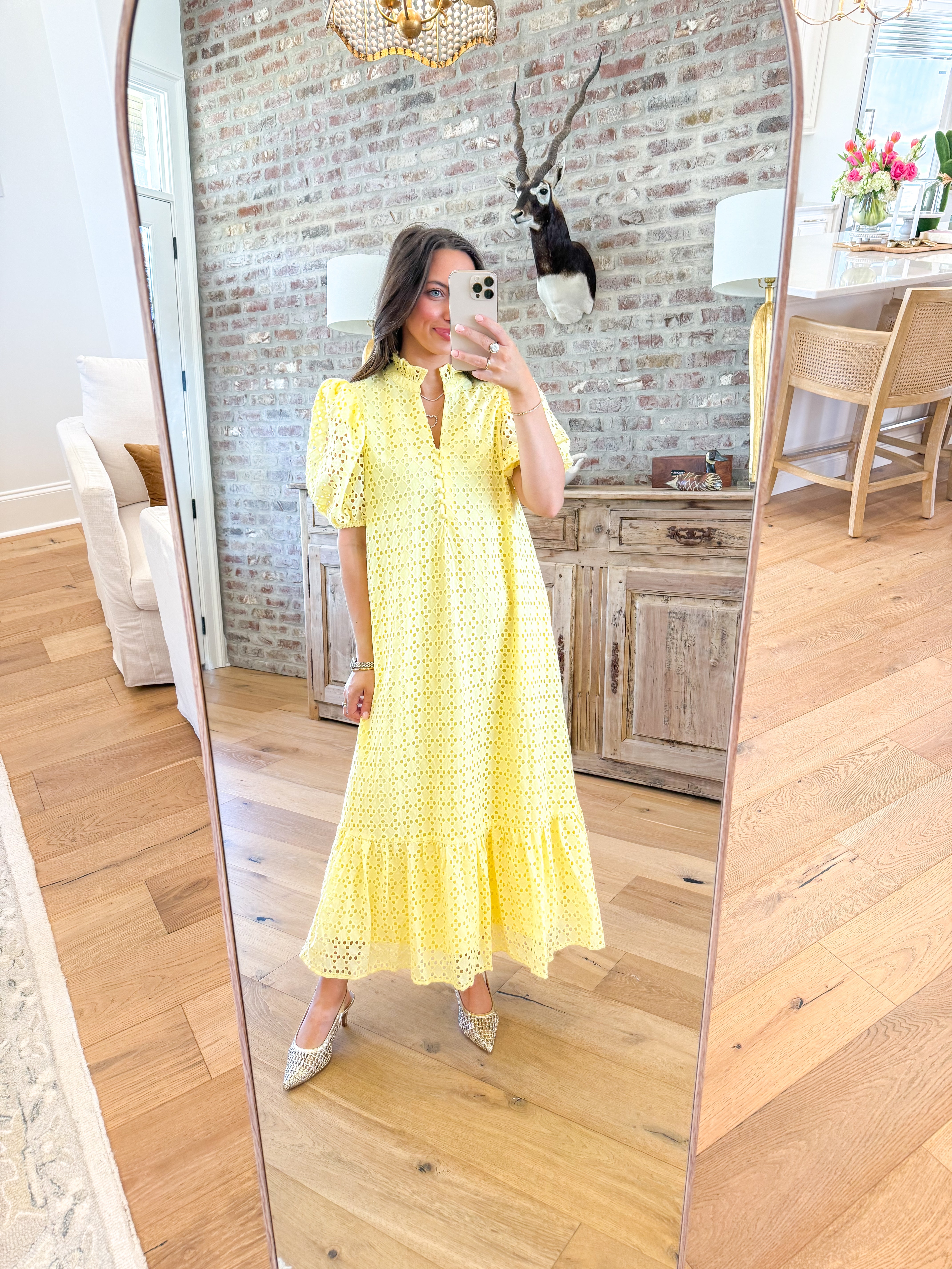 Evelyn Yellow Eyelet Midi Dress