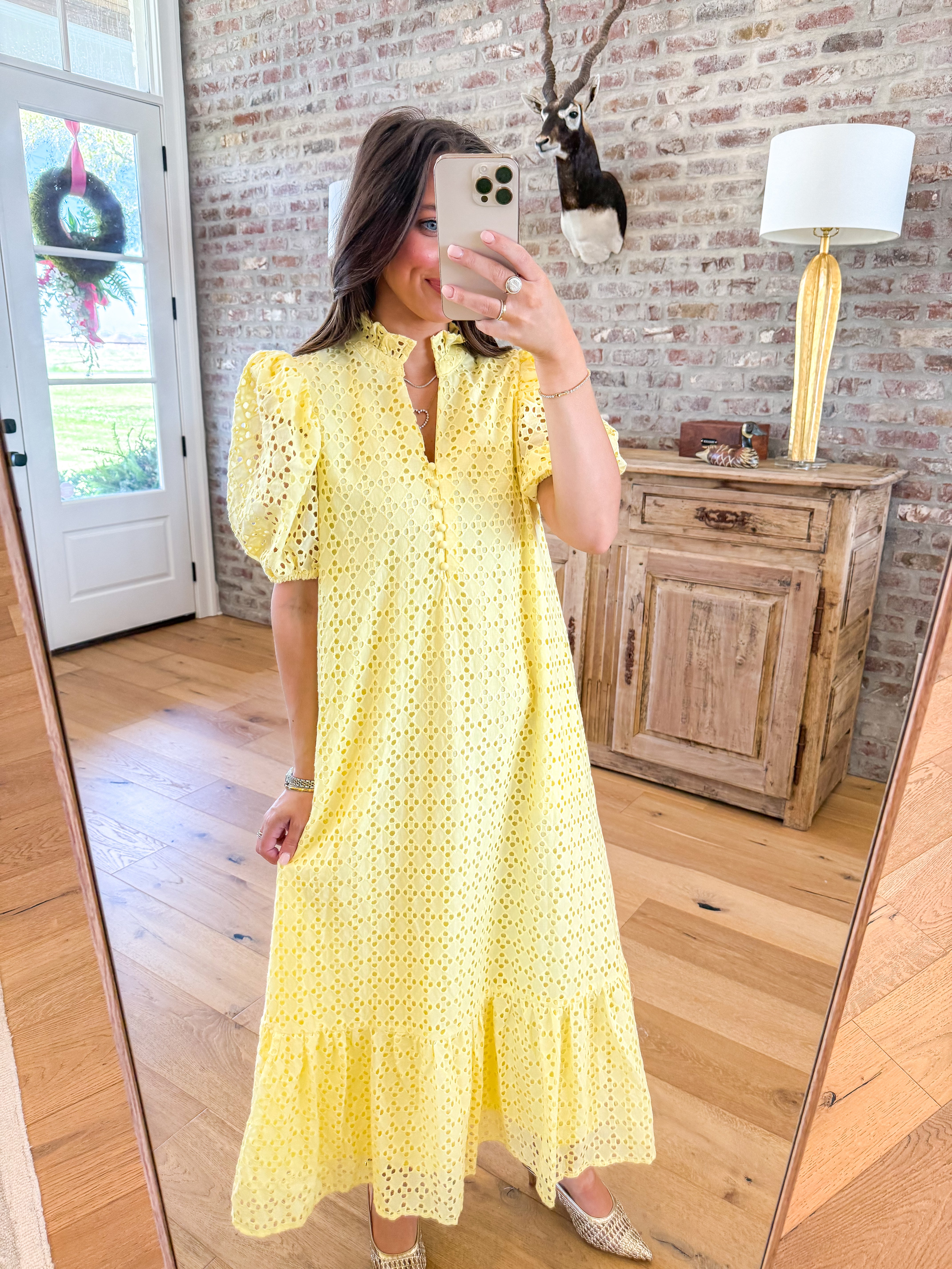 Evelyn Yellow Eyelet Midi Dress