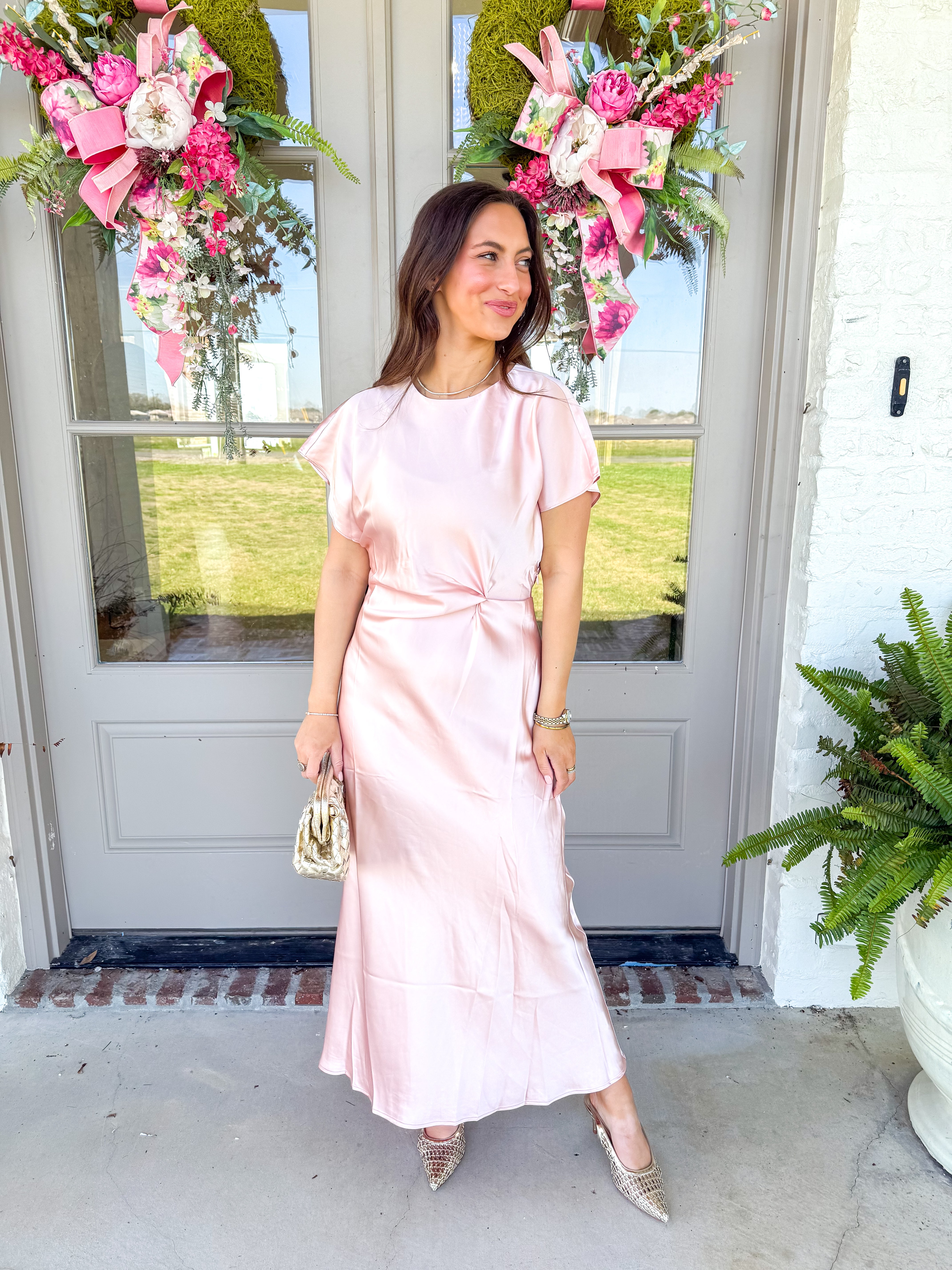 Pink Satin Side Knot Midi