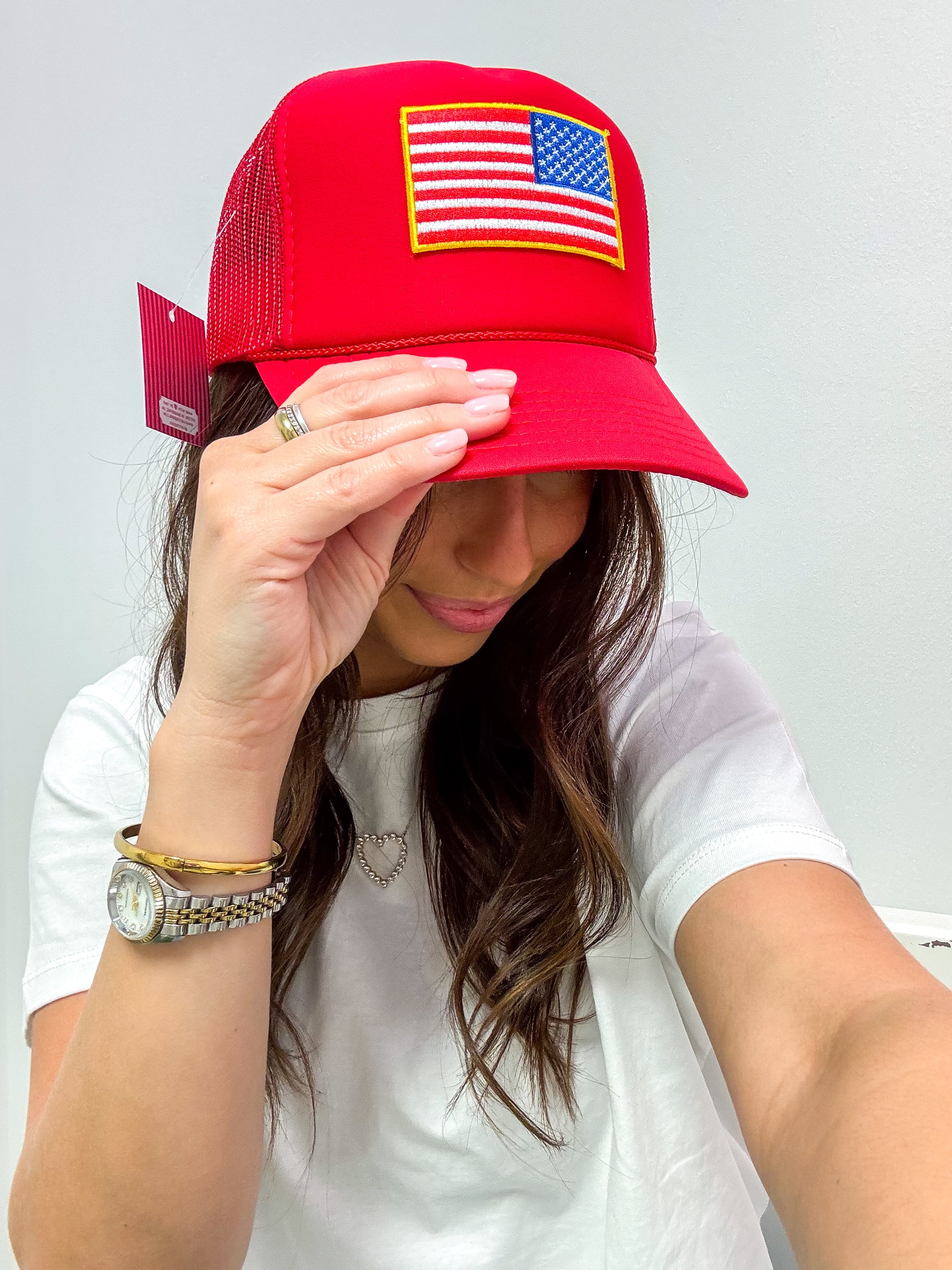 American Flag Patch Trucker Hat- Red