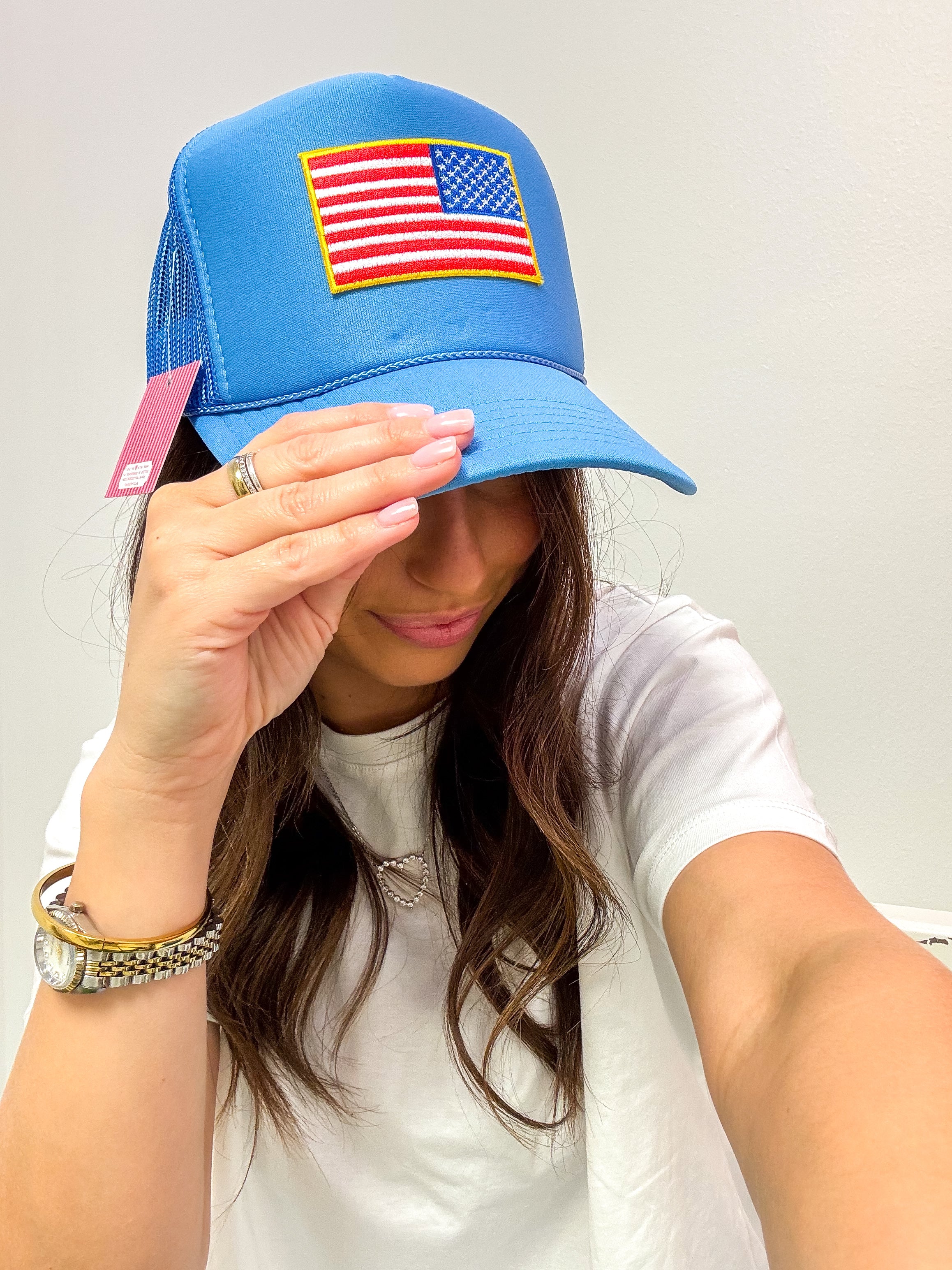 American Flag Patch Trucker Hat- Light Blue