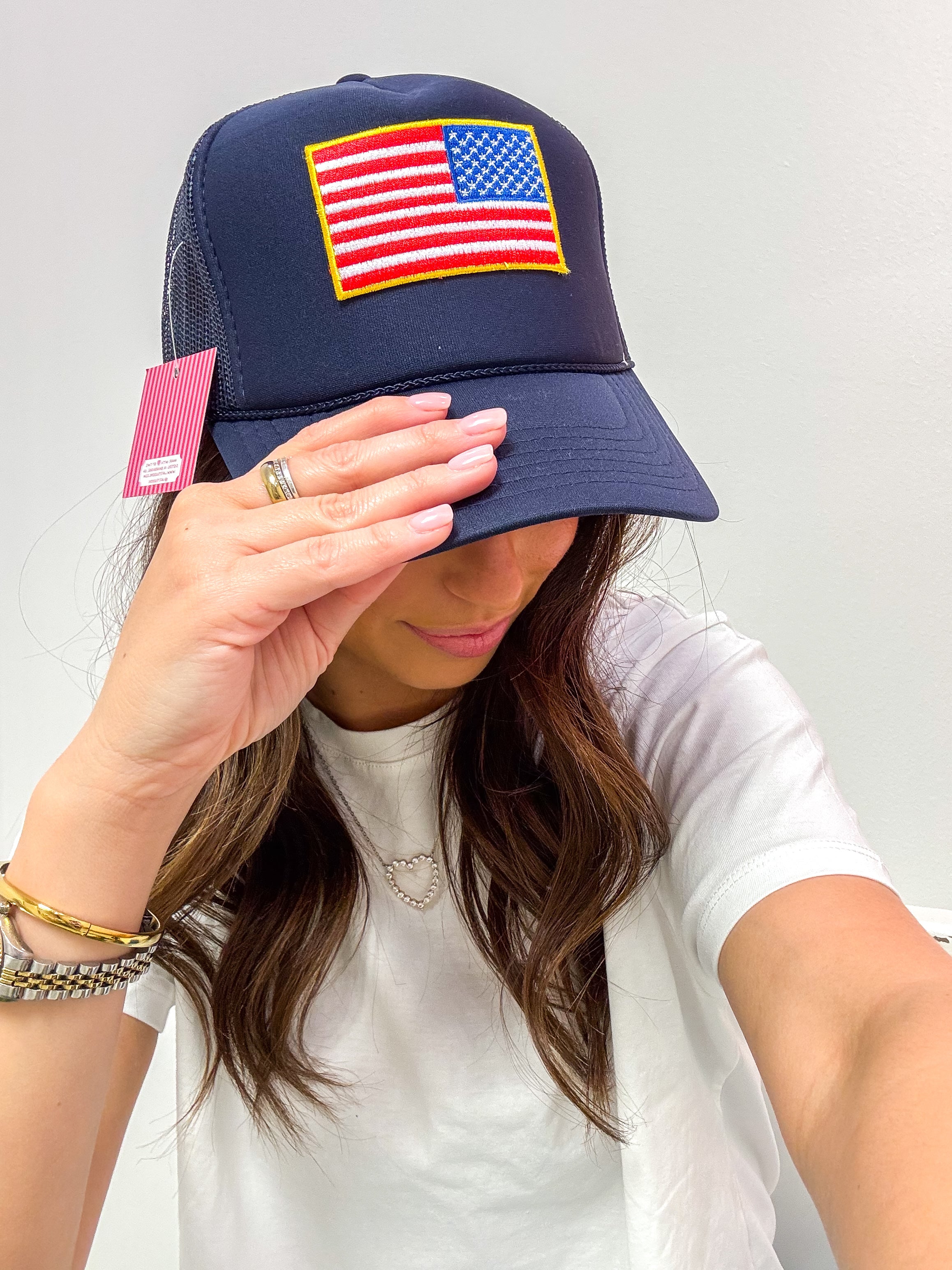 American Flag Patch Trucker Hat-Navy