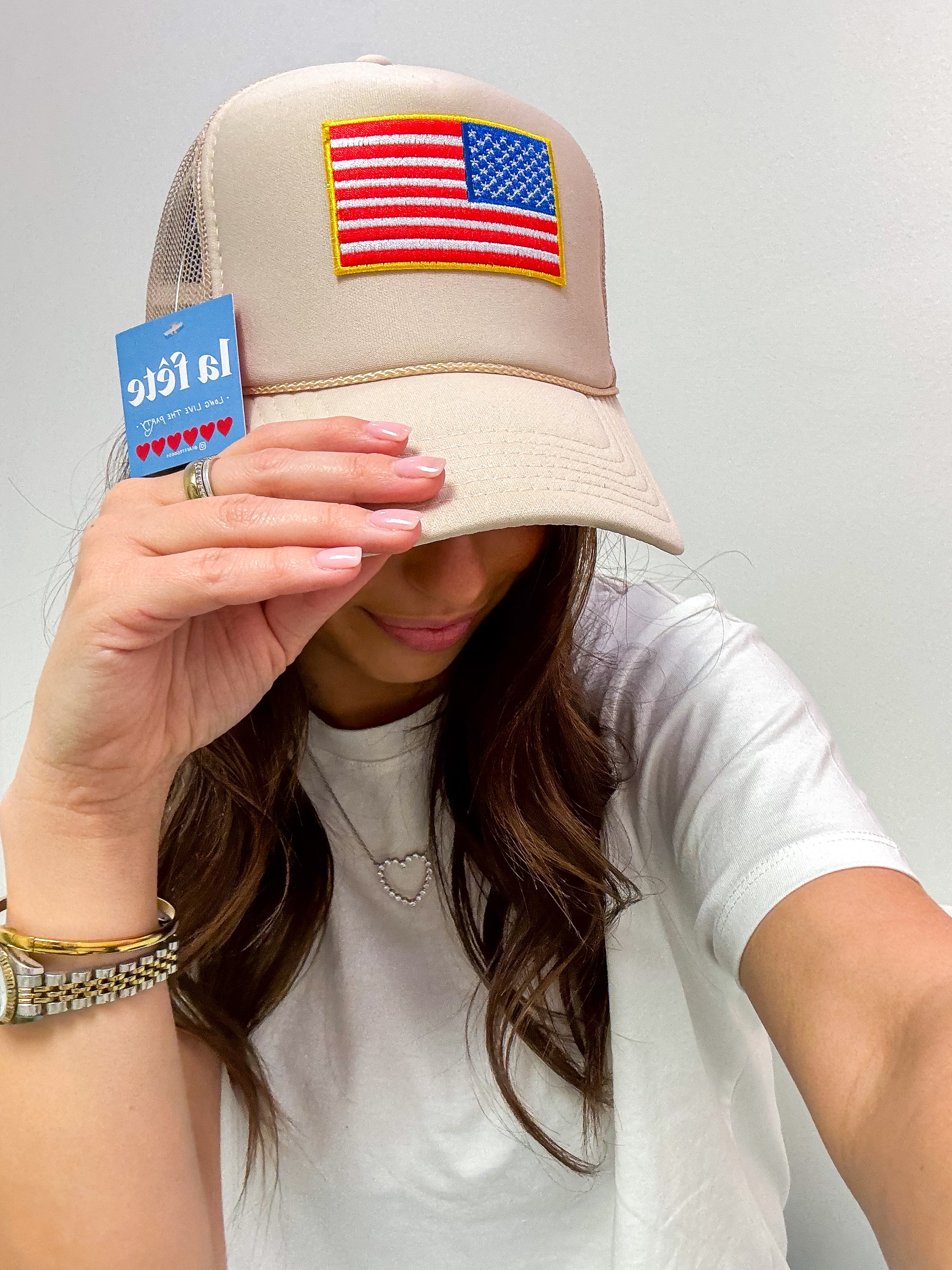 American Flag Patch Trucker Hat- Tan