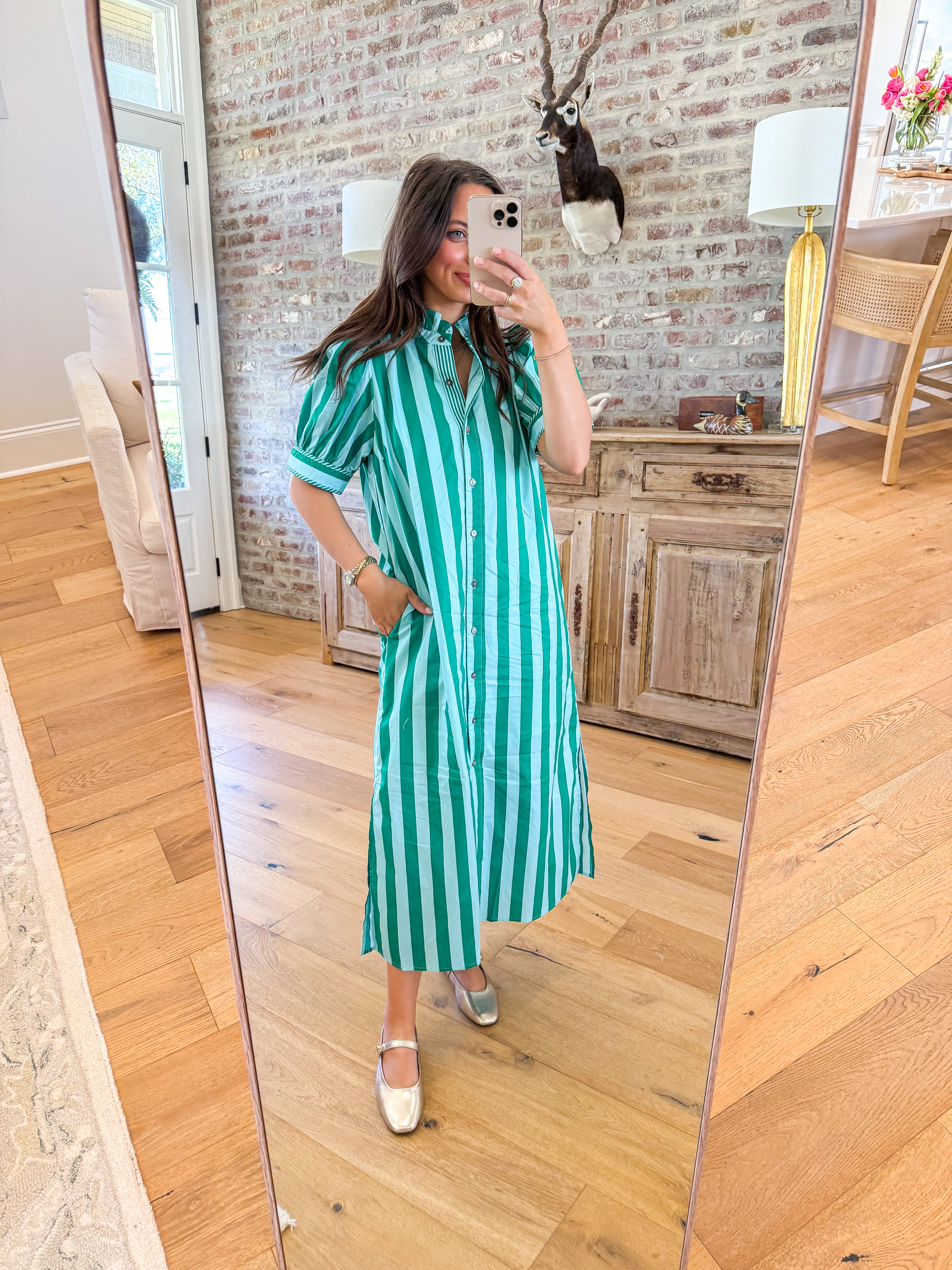 Green Stripe Shirt Midi Dress