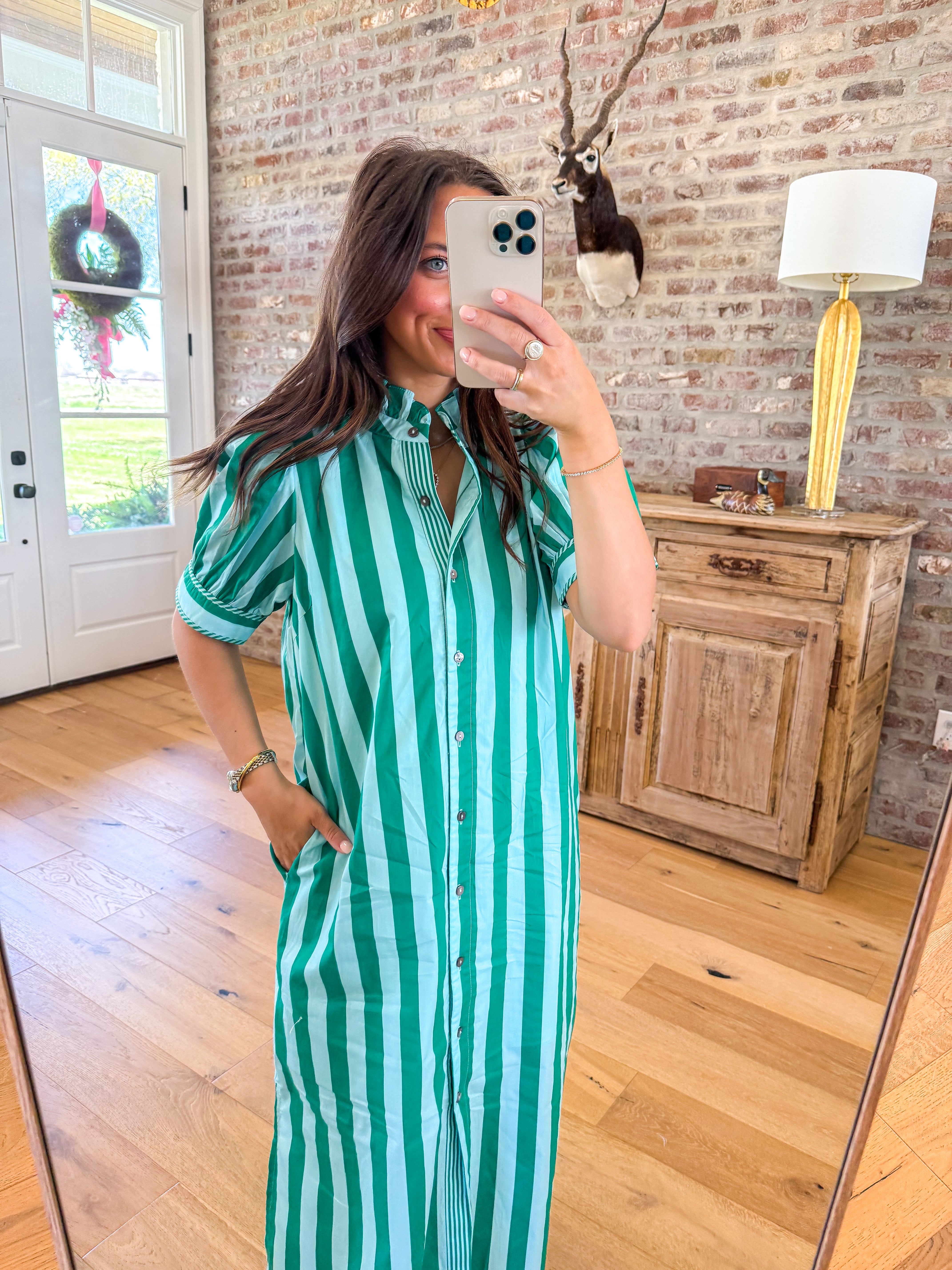 Green Stripe Shirt Midi Dress