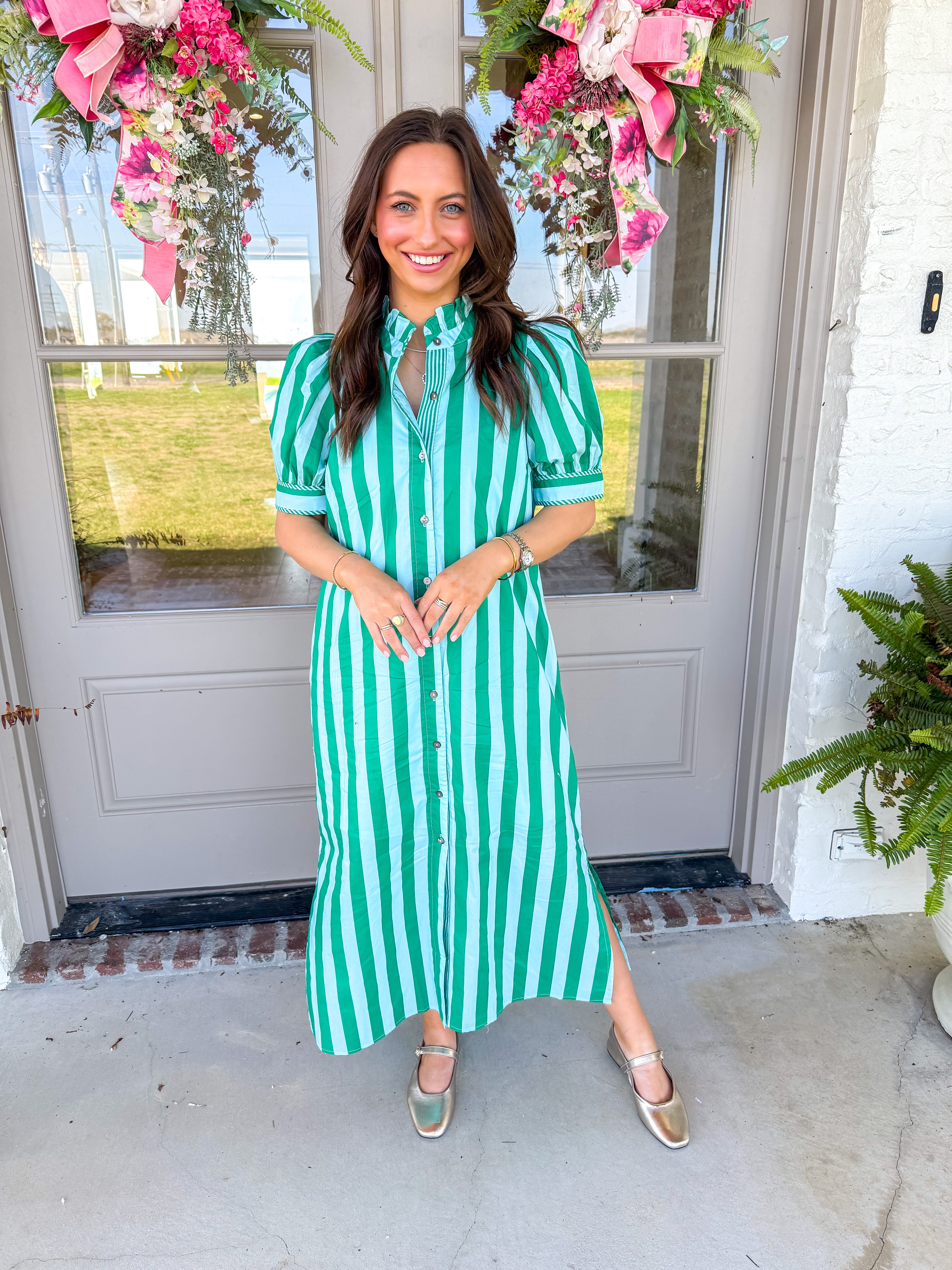 Green Stripe Shirt Midi Dress
