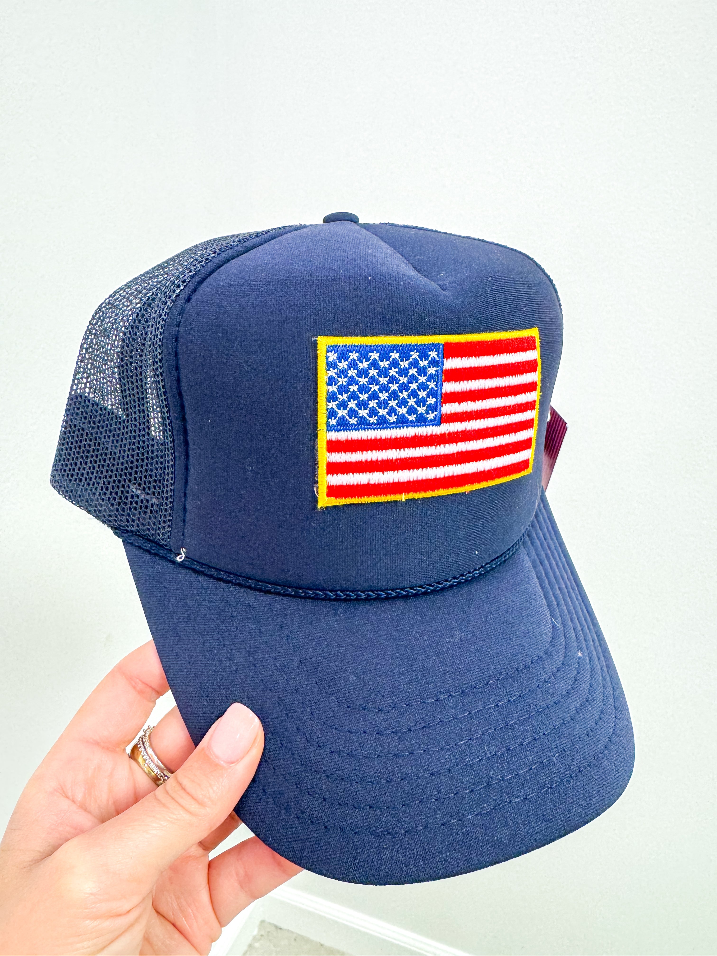 American Flag Patch Trucker Hat-Navy