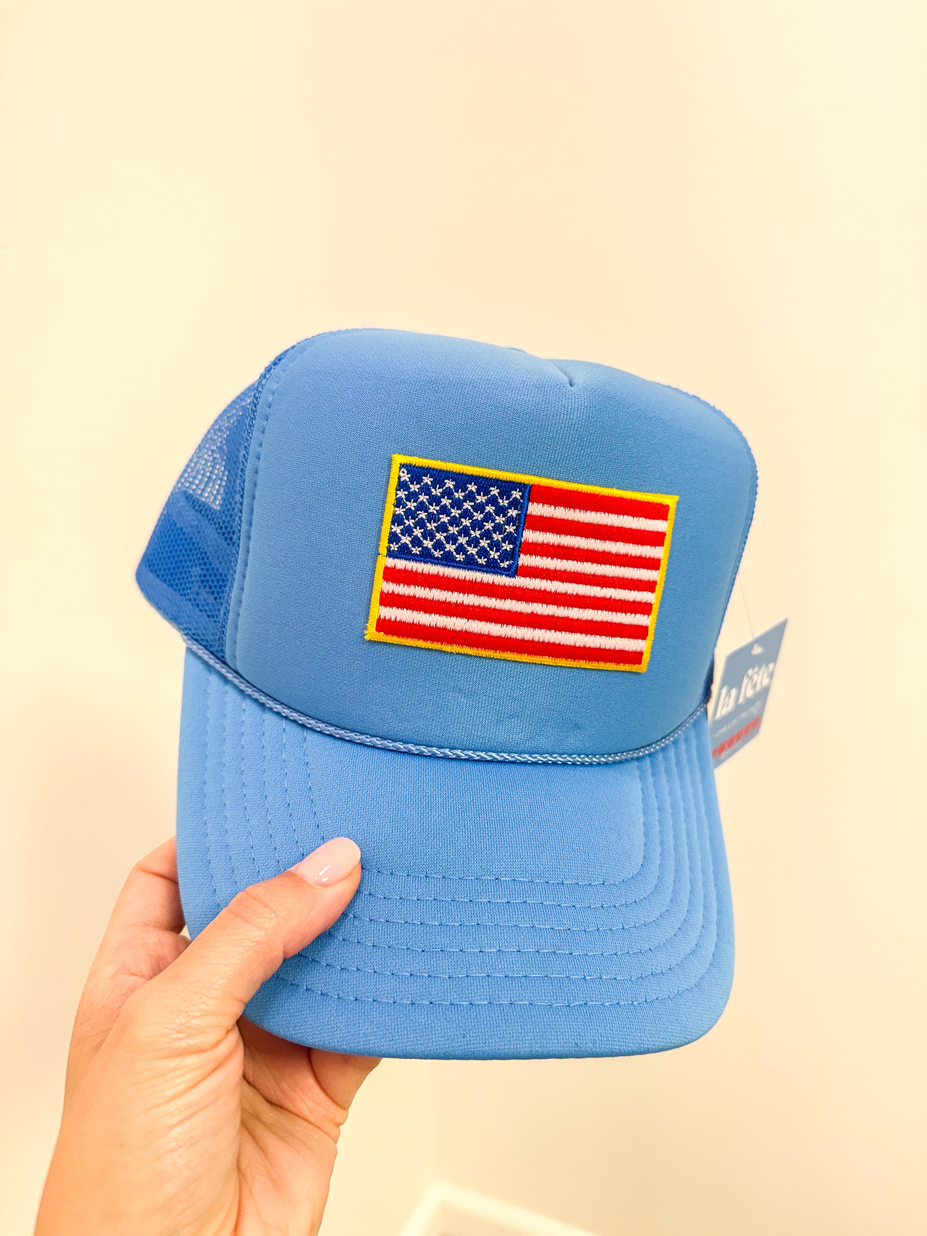 American Flag Patch Trucker Hat- Light Blue