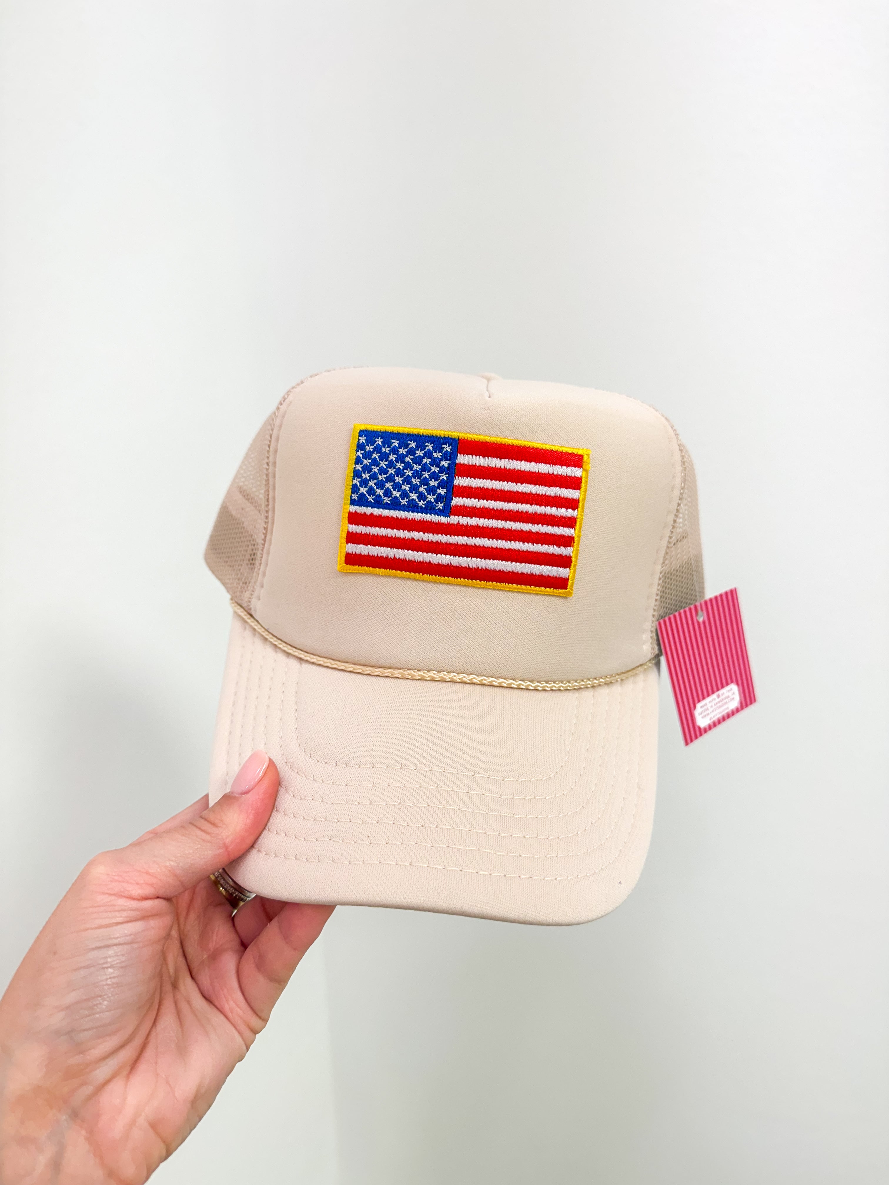 American Flag Patch Trucker Hat- Tan