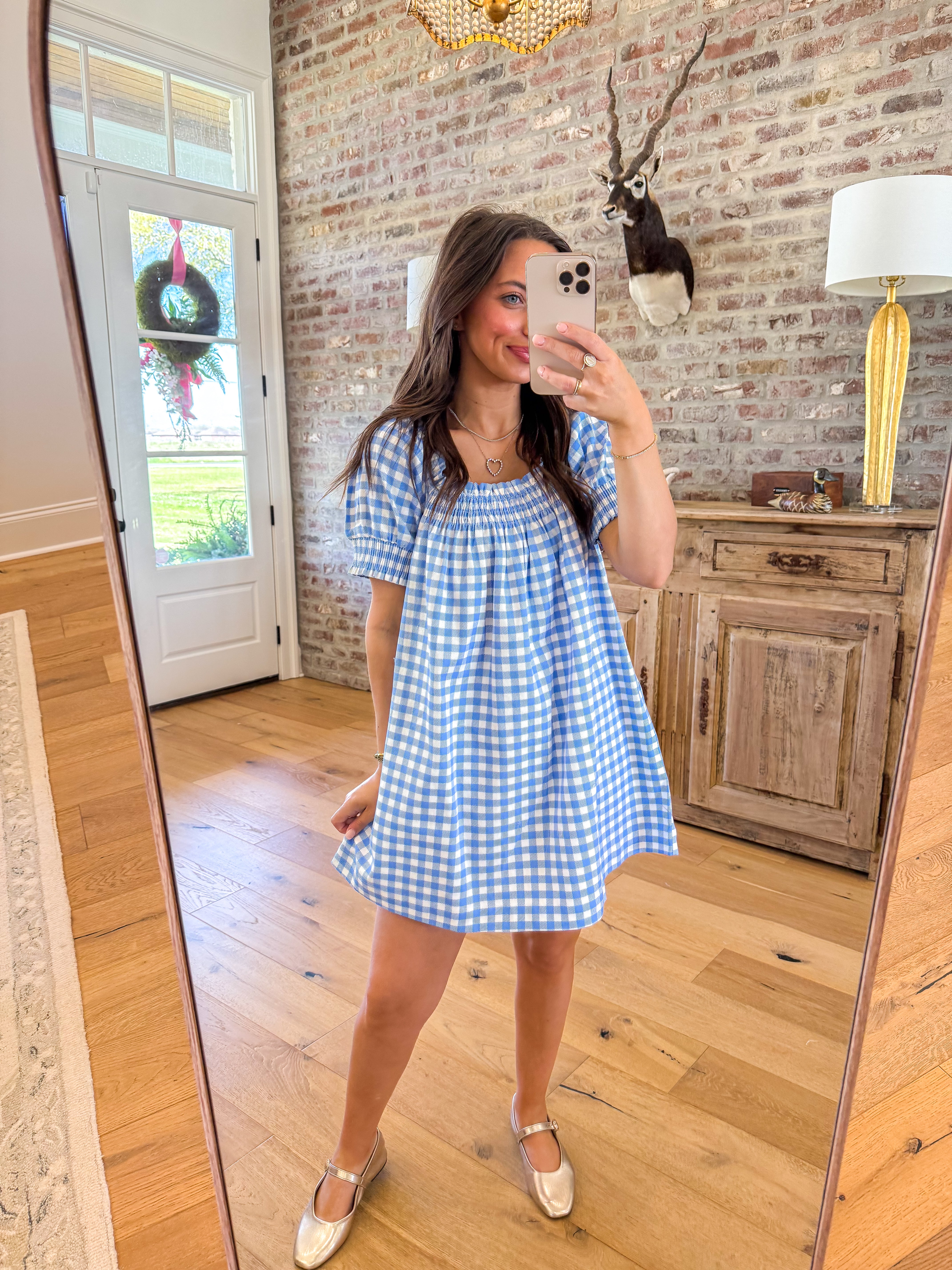 Erin Blue Gingham Smocked Babydoll Mini