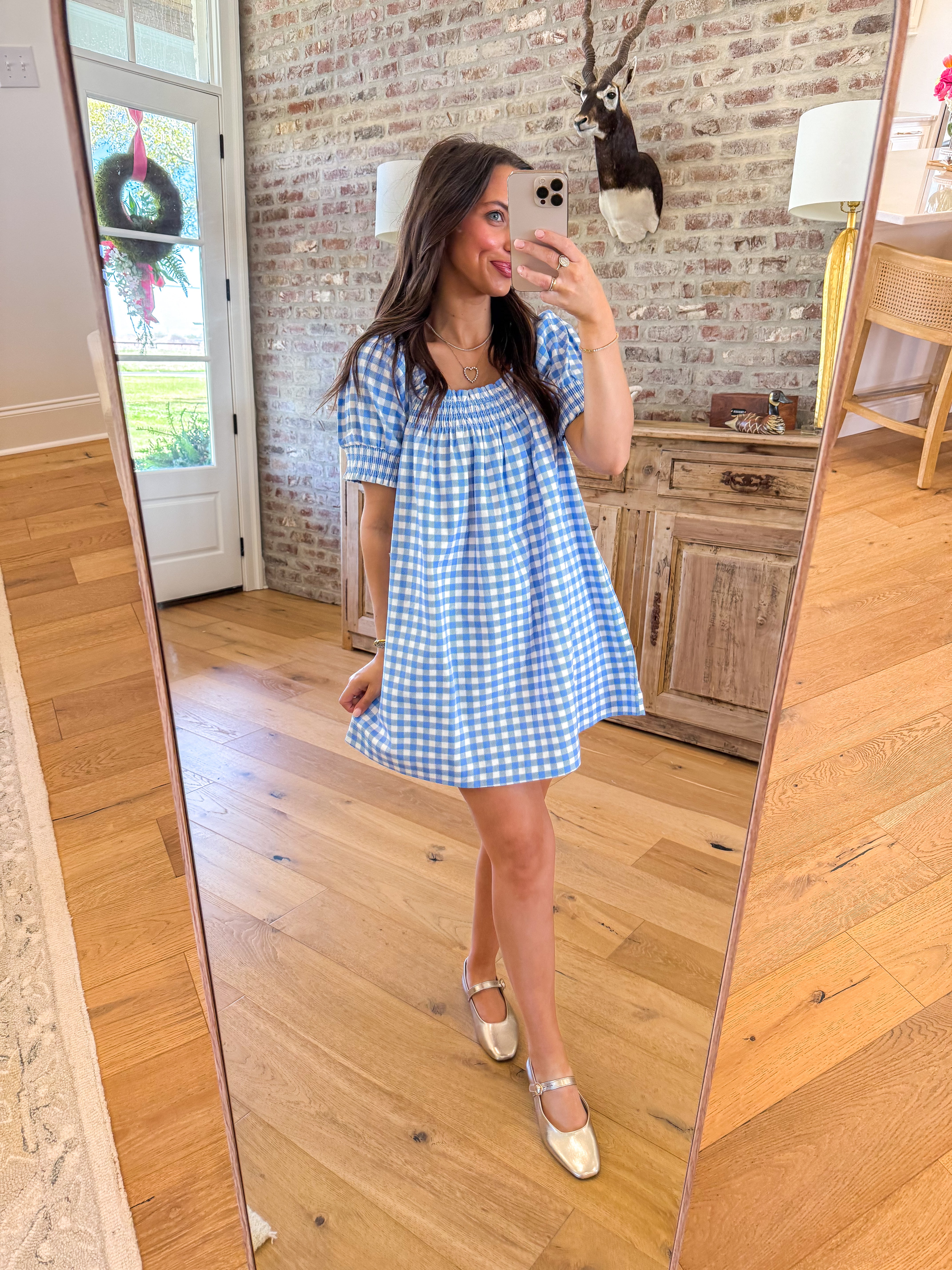 Erin Blue Gingham Smocked Babydoll Mini