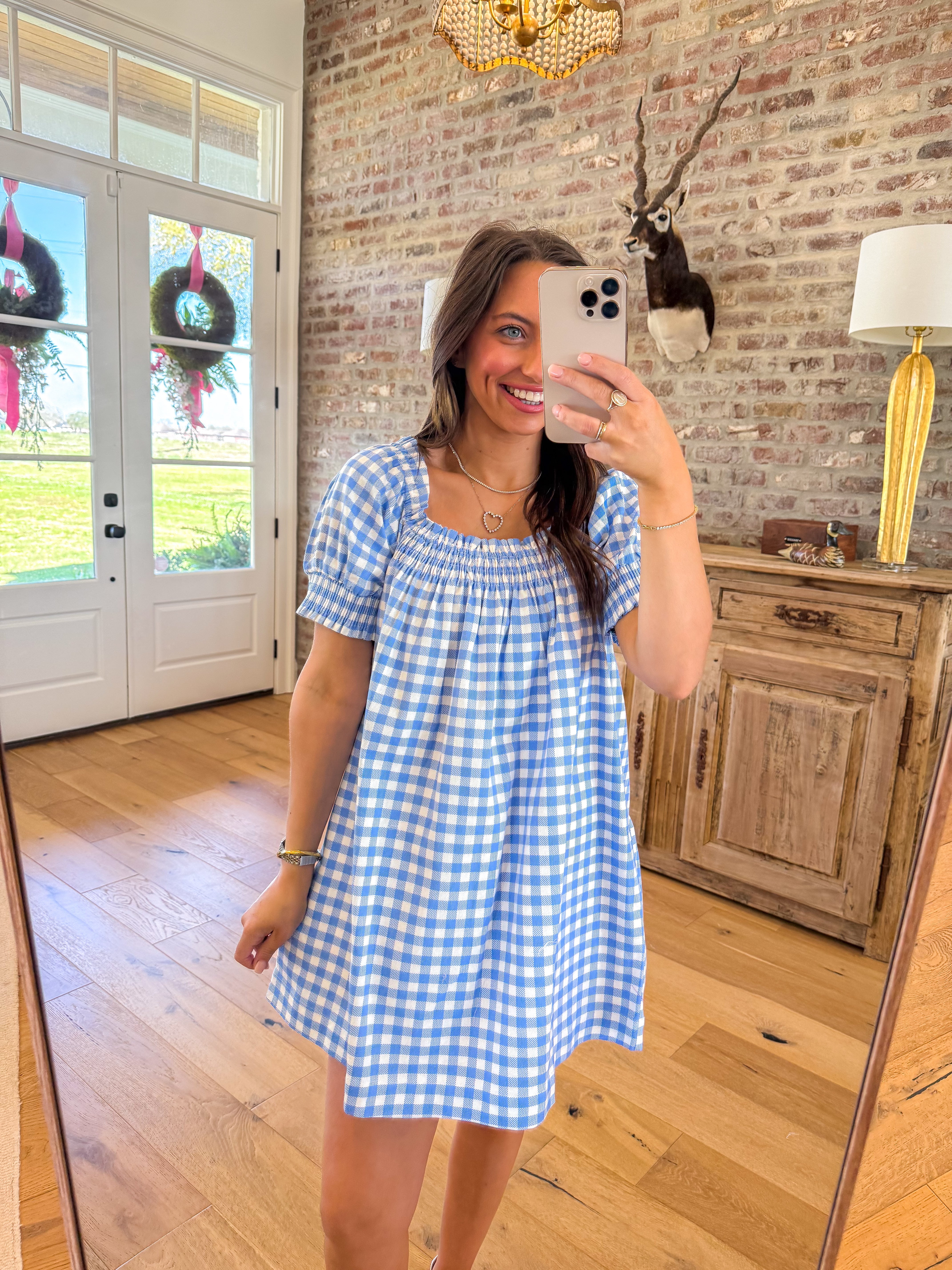 Erin Blue Gingham Smocked Babydoll Mini