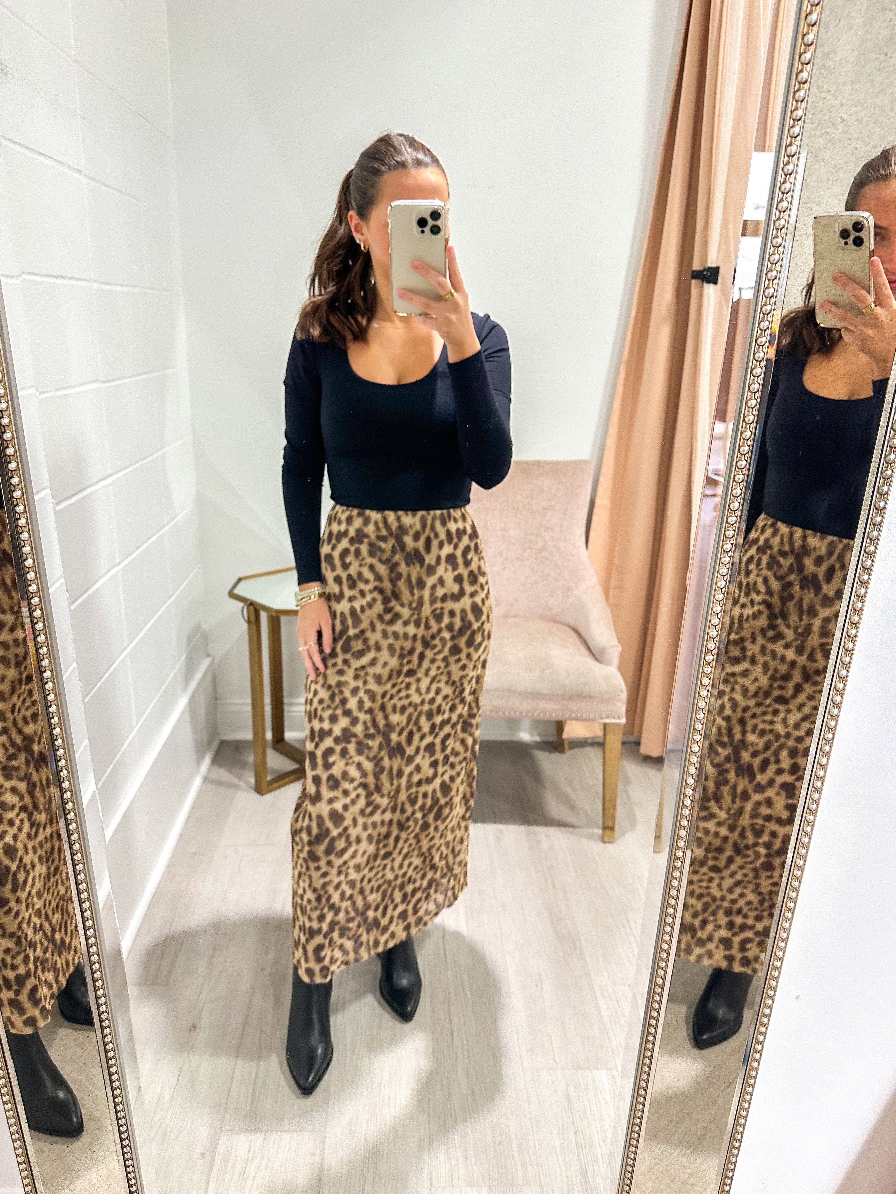 Leopard Mesh Midi Skirt