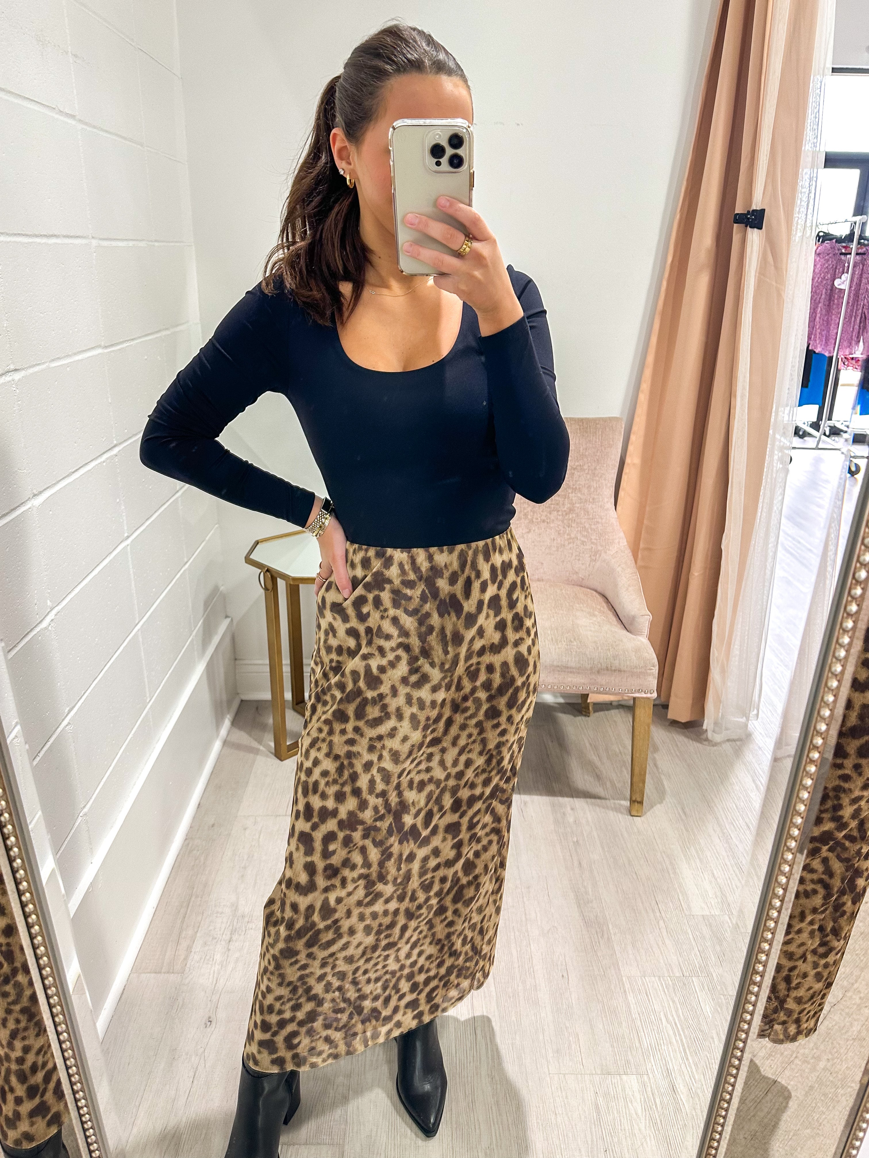 Leopard Mesh Midi Skirt