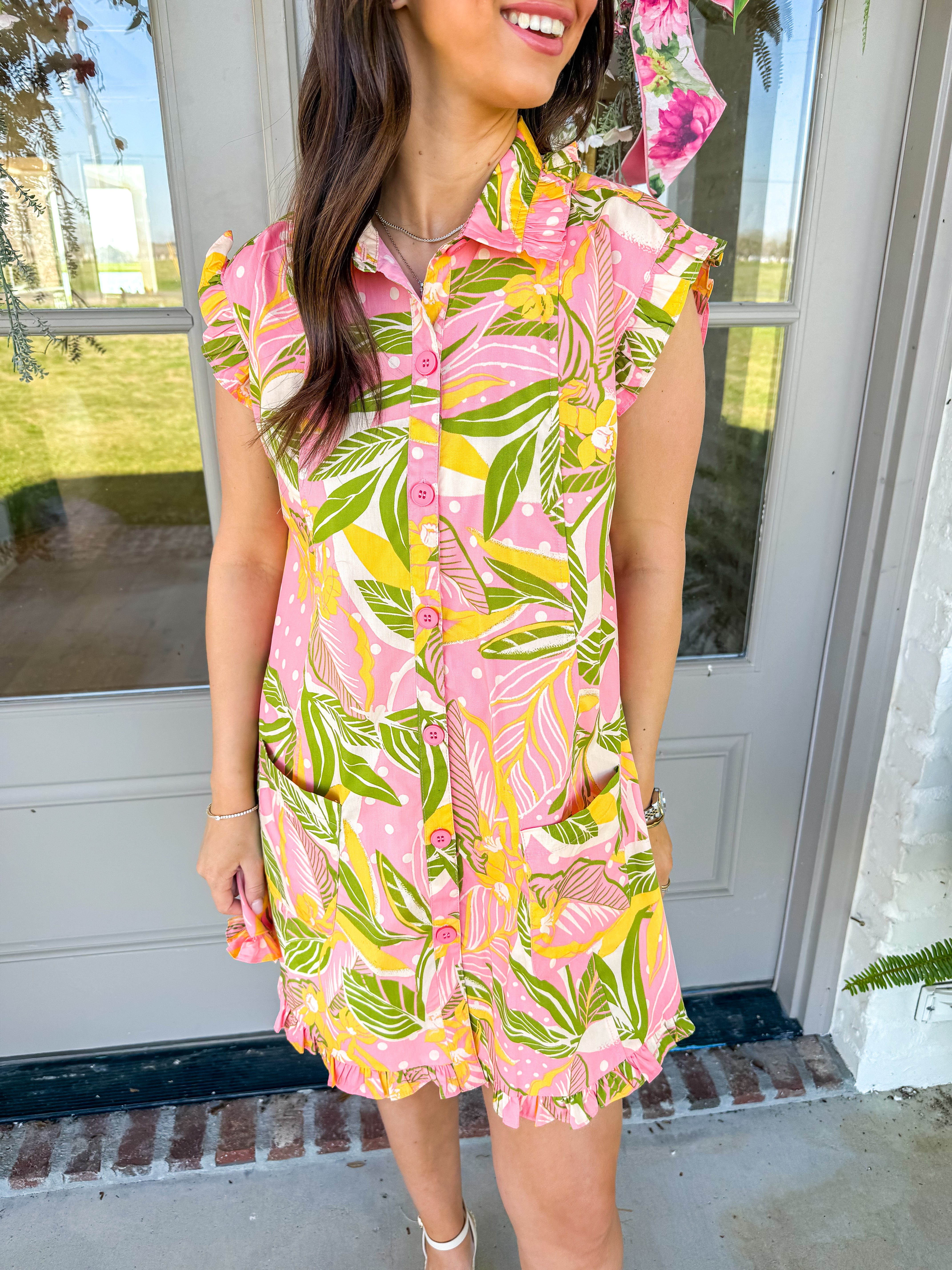Nicole Tropical Ruffle Hem Shirt Dress