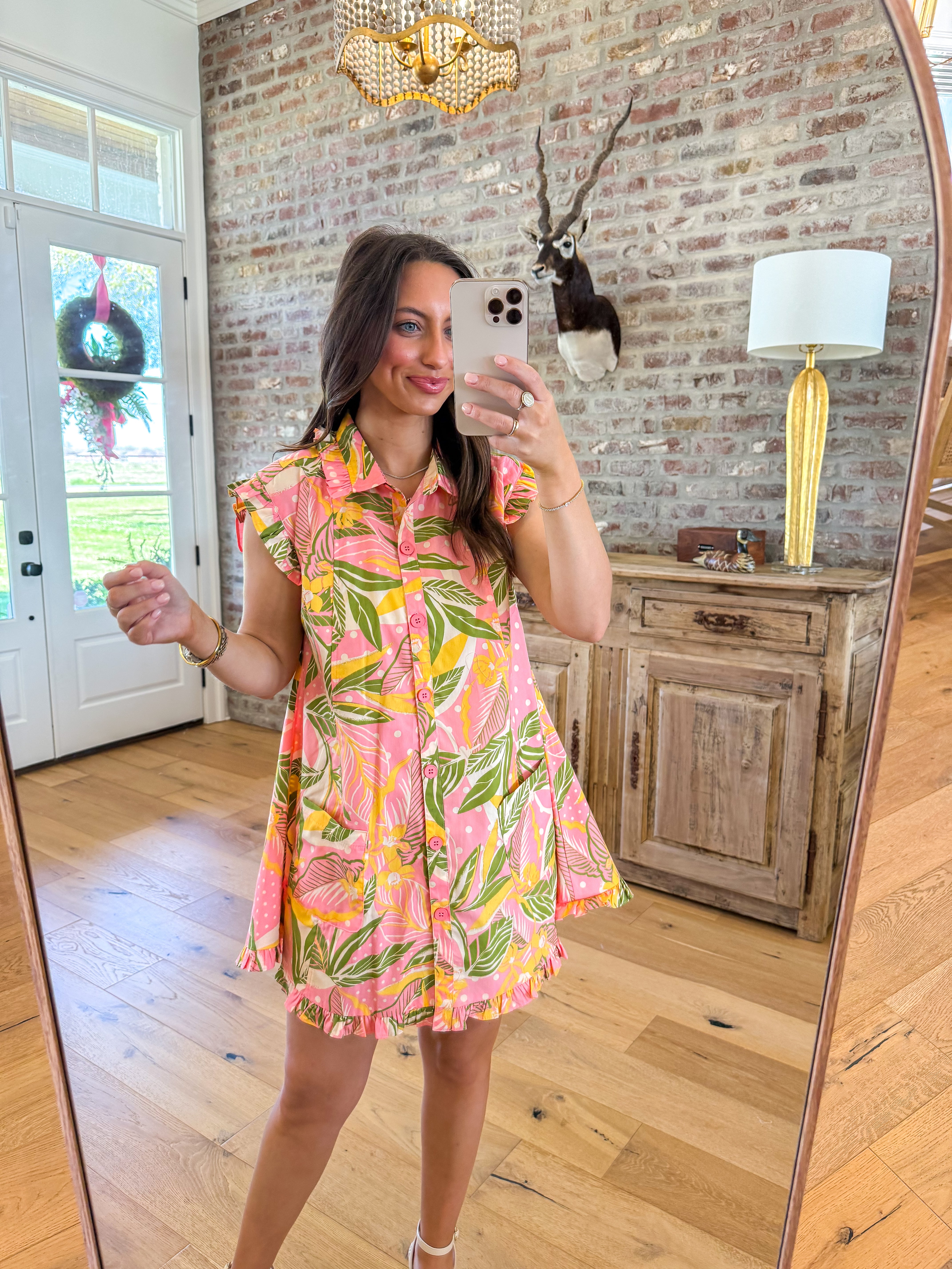 Nicole Tropical Ruffle Hem Shirt Dress