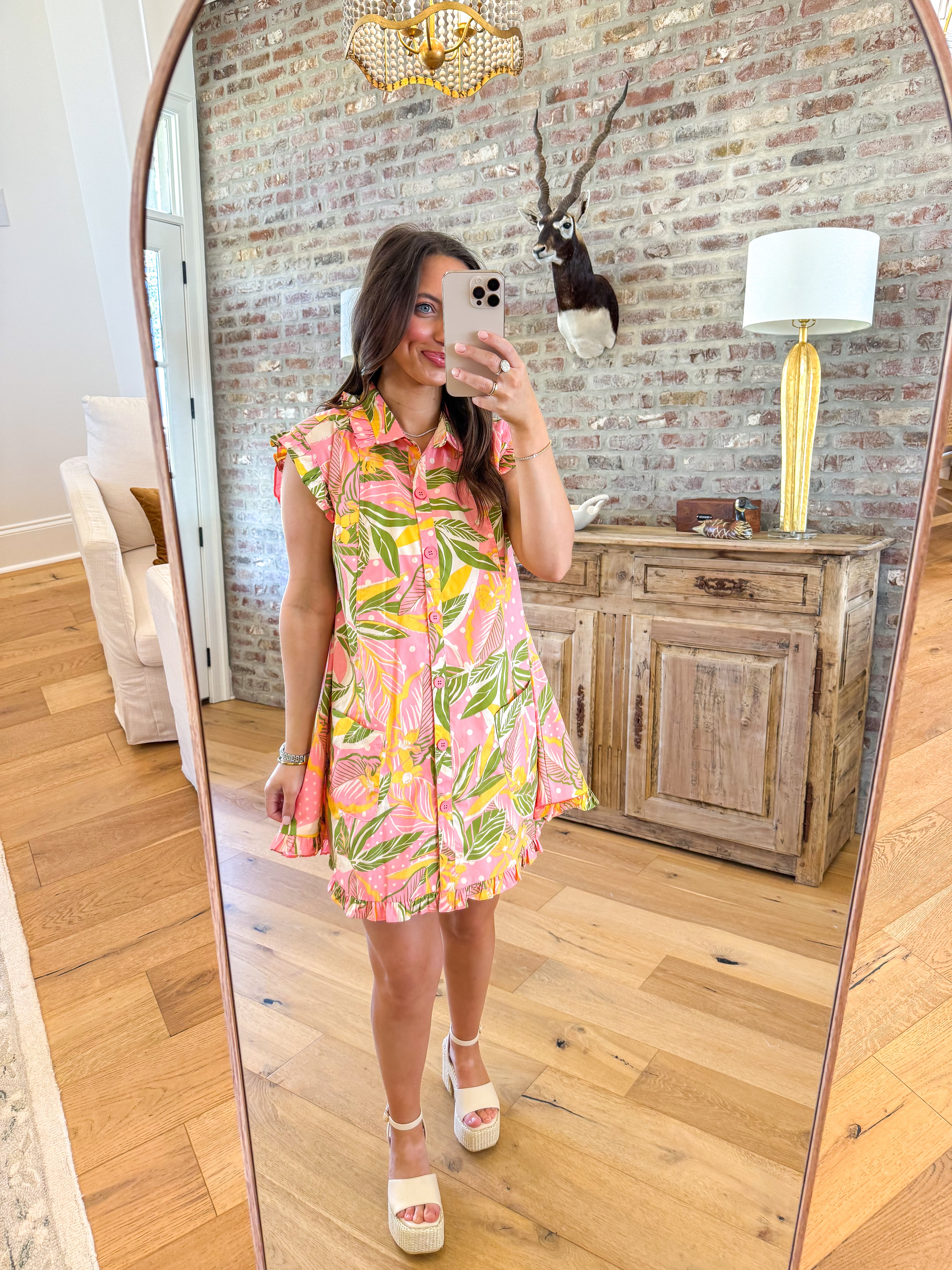 Nicole Tropical Ruffle Hem Shirt Dress
