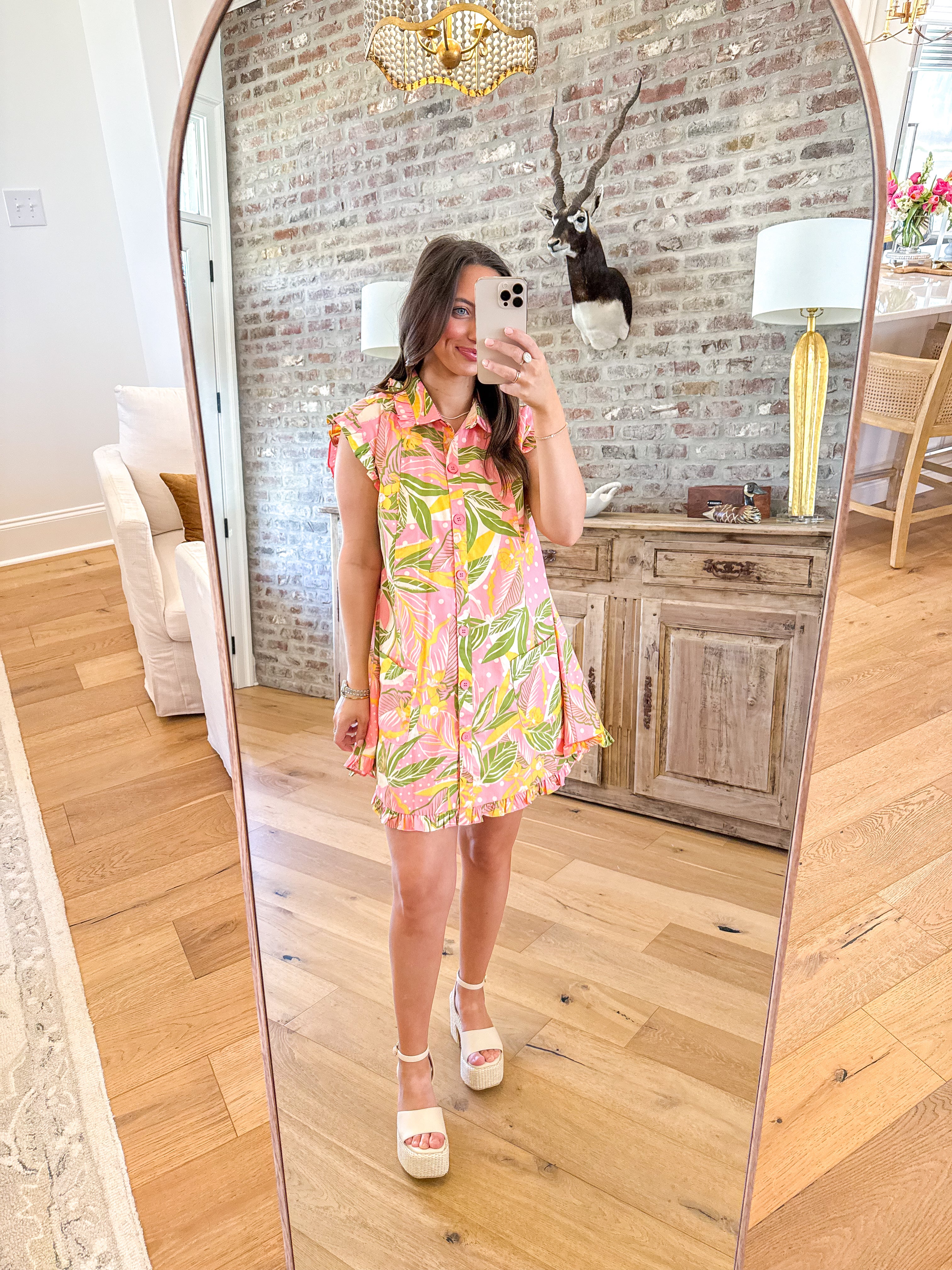 Nicole Tropical Ruffle Hem Shirt Dress