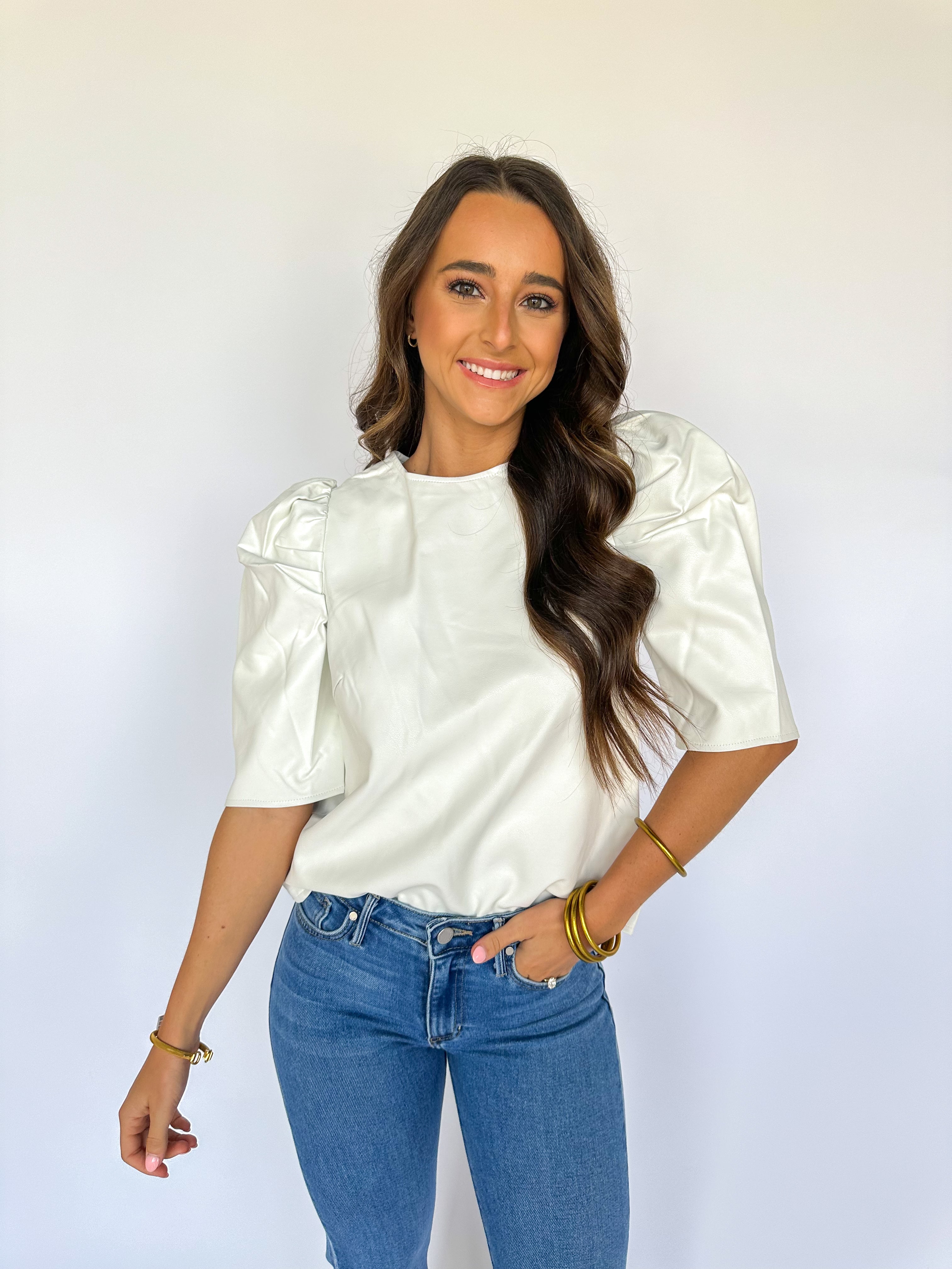 Vegan Leather Puff Shoulder Top White